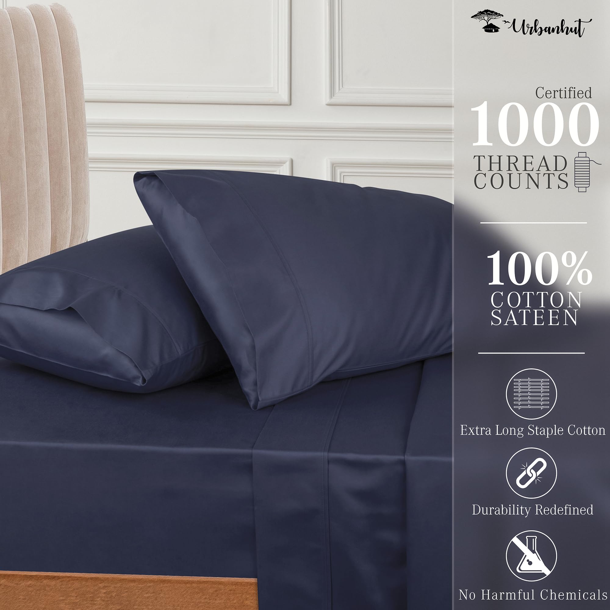 Premium 1000 Thread Count Egyptian Cotton Sheet Set - 4 PC Luxury Sateen Bed Sheets, Ultra Soft & Breathable Long Staple Cotton, Fits 16