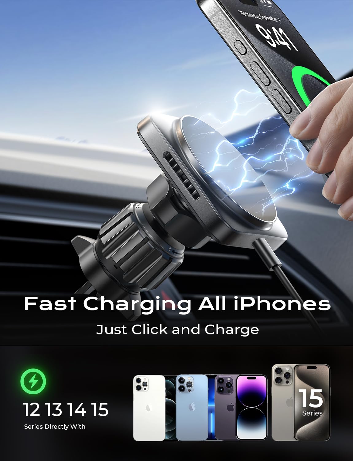 LISEN 2 Pack Magnetic Car Mount Charger for iPhone 16/15 Pro Max/14/13/12 - 15W Fast Wireless Charging with Heat Dissipation, Magsafe Compatible Car Vent Mount - Perfect for Road Trips & Daily Commute