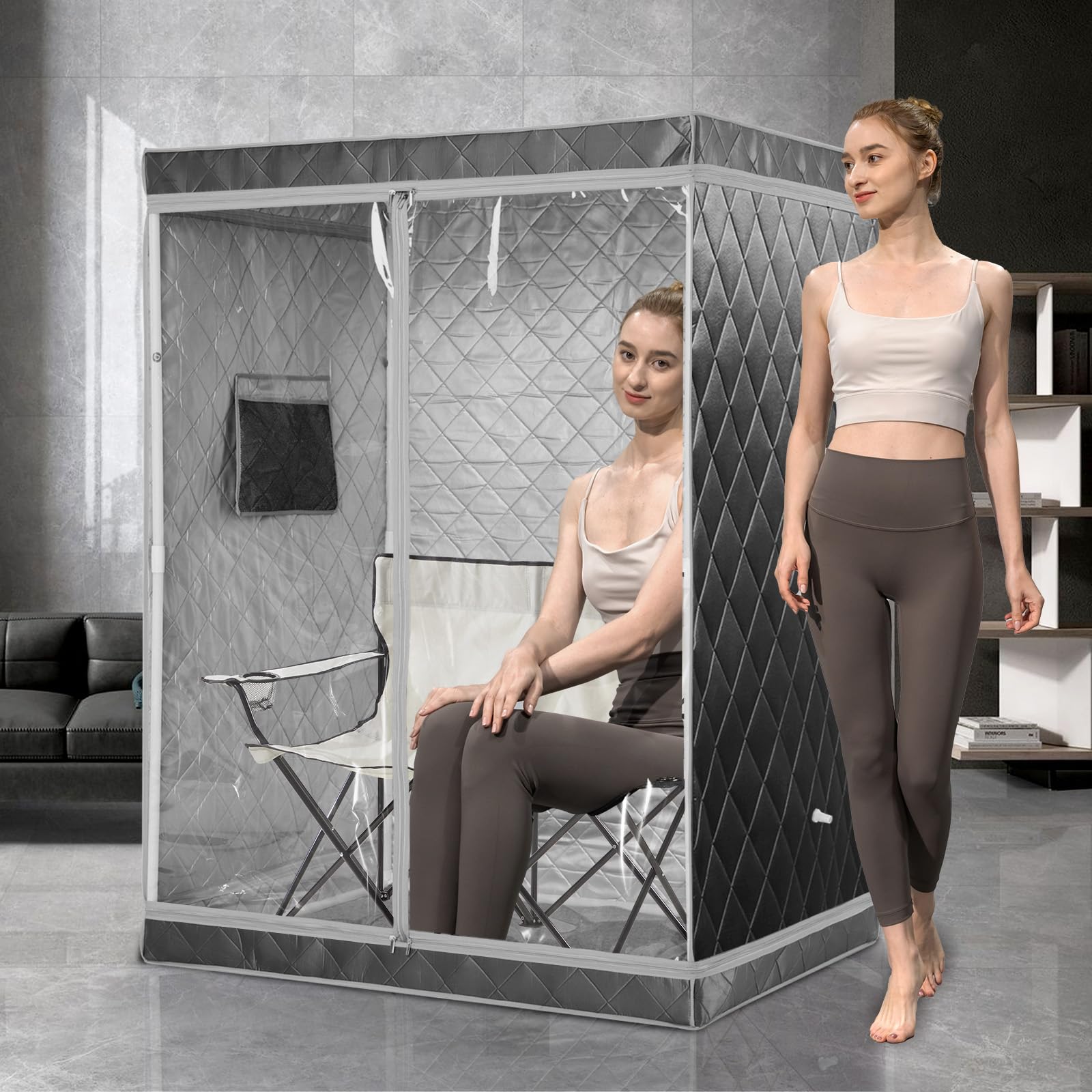 Full Size 2 Person Portable Steam Sauna Tent for Home - Foldable Chair Included (Grey) | Relaxation & Detox | Perfect for Home Spa, Yoga Recovery & Stress Relief