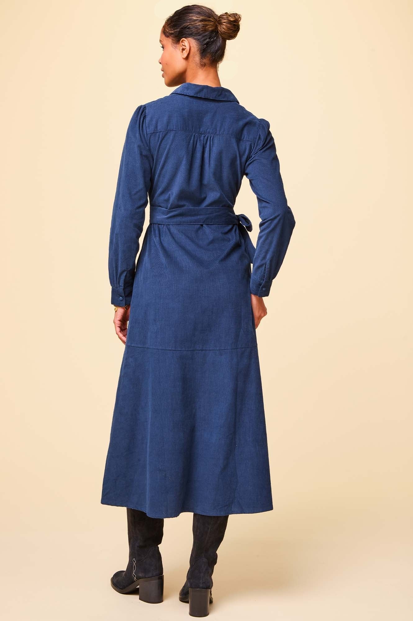 Marissa Corduroy Dress for Women - Soft Stretch Navy Blue Corduroy A-Line Dress with Pockets | Perfect for Fall Winter, Office Wear, Casual Outings and Date Nights