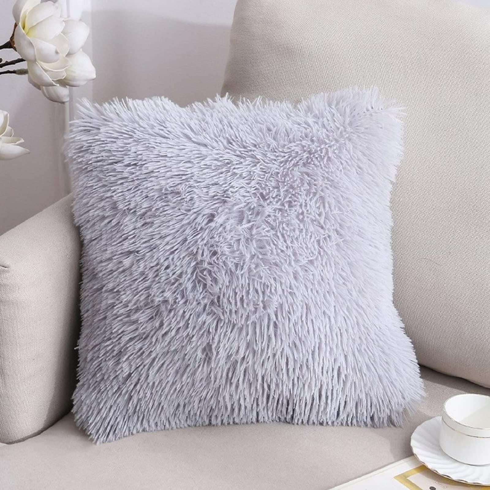 Luxury Grey Fluffy Pillow Covers 16x16 Inch - Soft Plush Velvet & Faux Fur Cushion Cases for Sofa, Couch, Living Room & Bedroom - Perfect for Home Decor, Cozy Reading Nook & Relaxation