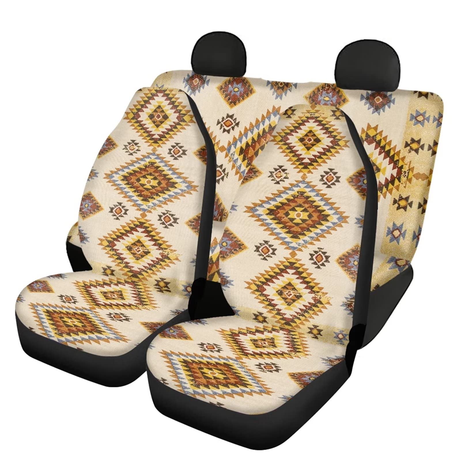 Aztec Print Car Seat Covers Full Set (4-Piece) - Front & Rear Bench Seat Protectors for SUV & Truck | Native American Tribal Geometric Design | Vintage Auto Interior Decor | Perfect for Road Trips & Vehicle Customization