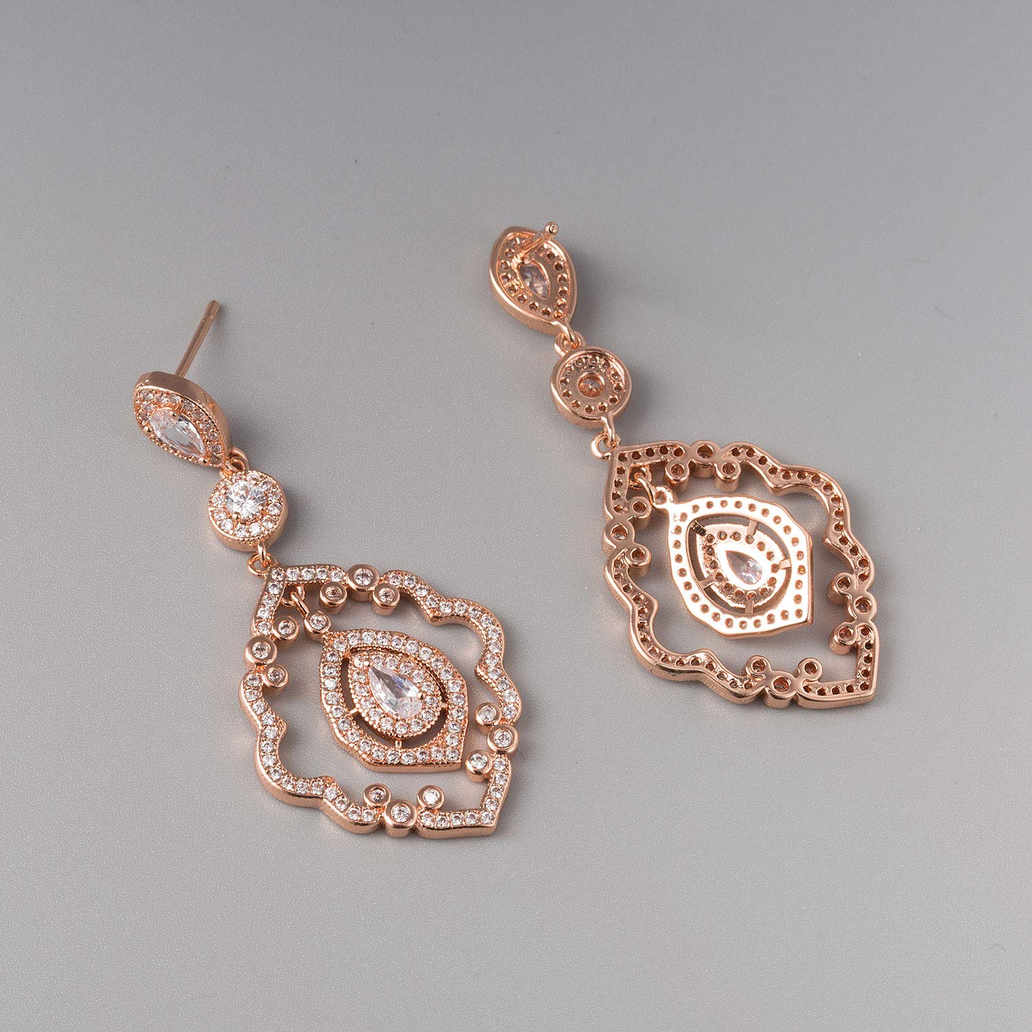 SWEETV Rose Gold Art Deco Drop Dangle Earrings - Elegant Wedding & Bridal Jewelry for Women | Perfect for Brides, Formal Events & Special Occasions