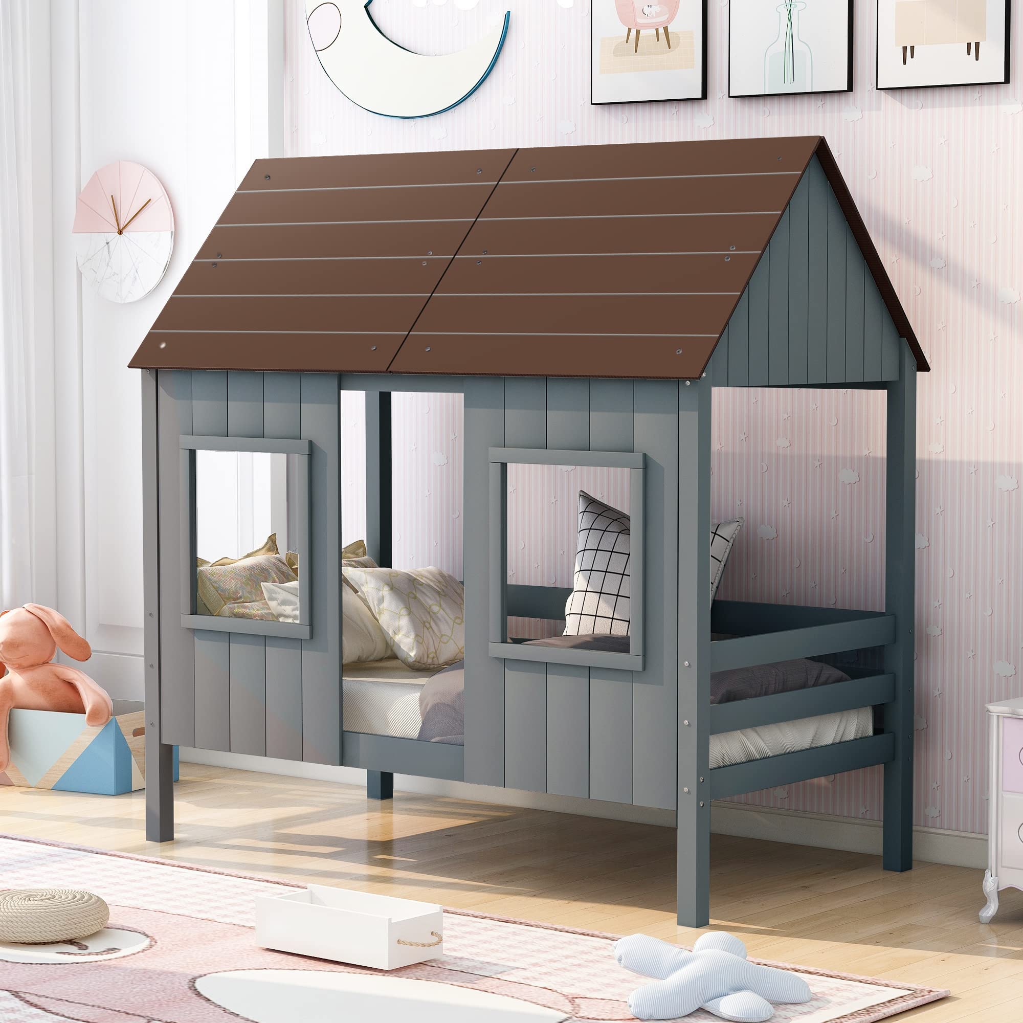 Low Loft Bed Twin Size - Solid Wood House Bed Frame with 2 Front Windows, Roof & Guardrail for Kids & Teens - No Box Spring Needed (Antique Gray + Normal Gray) - Perfect for Small Bedrooms, Playrooms & Dorm Rooms
