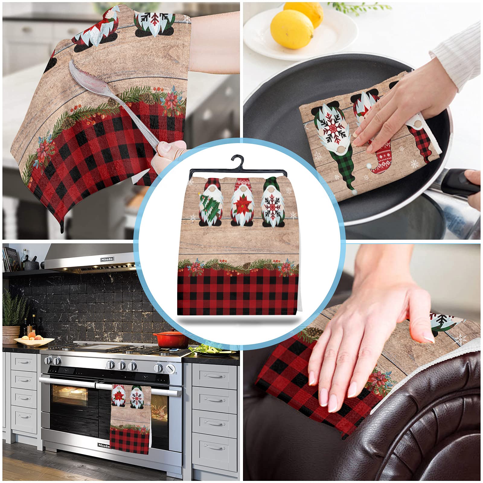 Christmas Kitchen Towels Set of 2 - Merry Christmas Buffalo Plaid Farmhouse Dish Cloths with Gnomes, Snowflakes & Pine Tree Designs - 16x28 Inch Super Soft Absorbent Cotton Tea Towels, Bar Towels & Hand Towels - Perfect for Holiday Decor, Dish Drying & Kitchen Cleaning