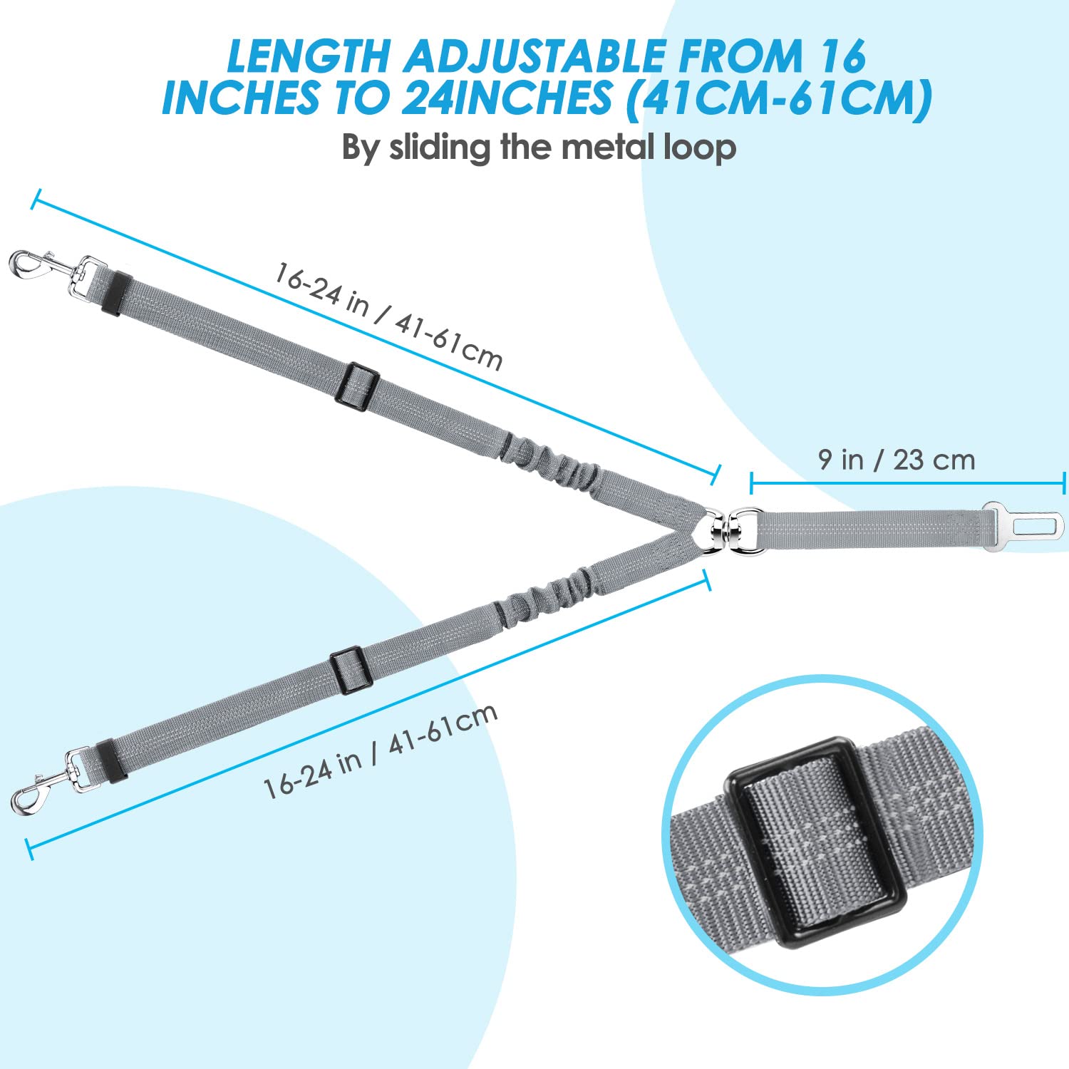 SlowTon Adjustable Double Dog Seat Belt - Elastic Bungee Buffer & Reflective Y-Shape Harness for Safe Car Travel | No Tangle Two-Pet Vehicle Safety Leash | Perfect for Road Trips, Vet Visits & Daily Commutes (Grey, Small)