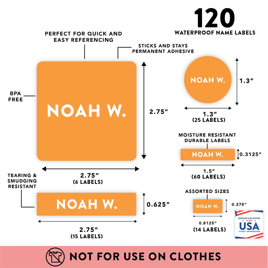 Andaz Press Custom Personalized Waterproof School Labels - 120 Pack Orange Name Stickers for Kids, Preschool & Daycare Supplies | Perfect for Books, Lunch Boxes & Water Bottles