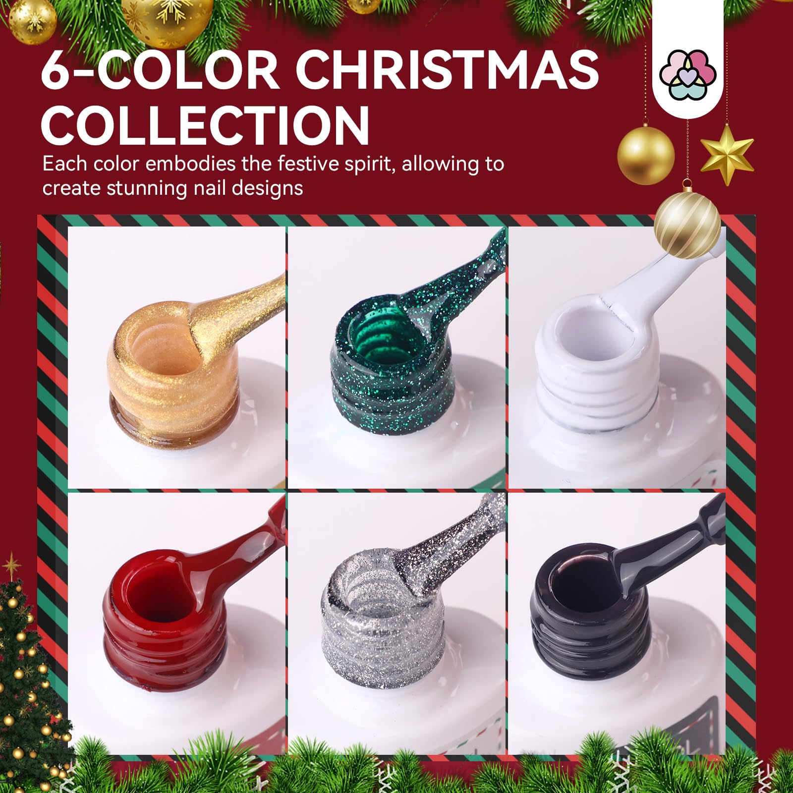 Vrenmol Christmas Gel Nail Polish Set - 6 Colors Glitter Soak Off LED Gel Polish Kit (0.27oz) with Nail Art Stickers & Liner | Red, Green, Gold, Silver Holiday Nail Designs for Home Salon, DIY Manicure & Party Nail Art
