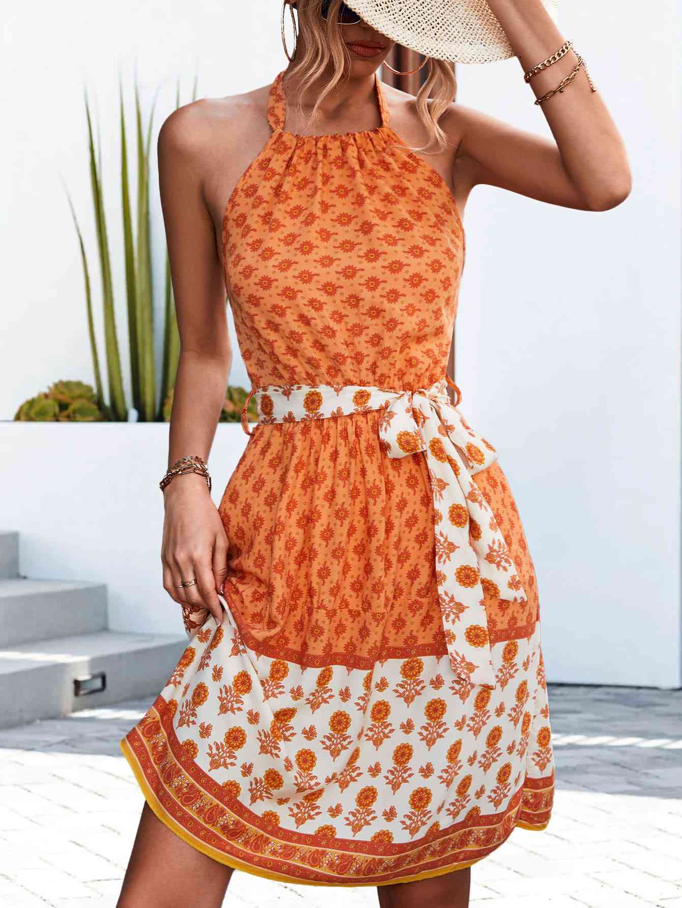 Floral Halter Neck Tie Waist Summer Dress for Women - Beach Vacation, Pool Party & Tropical Getaway Outfit
