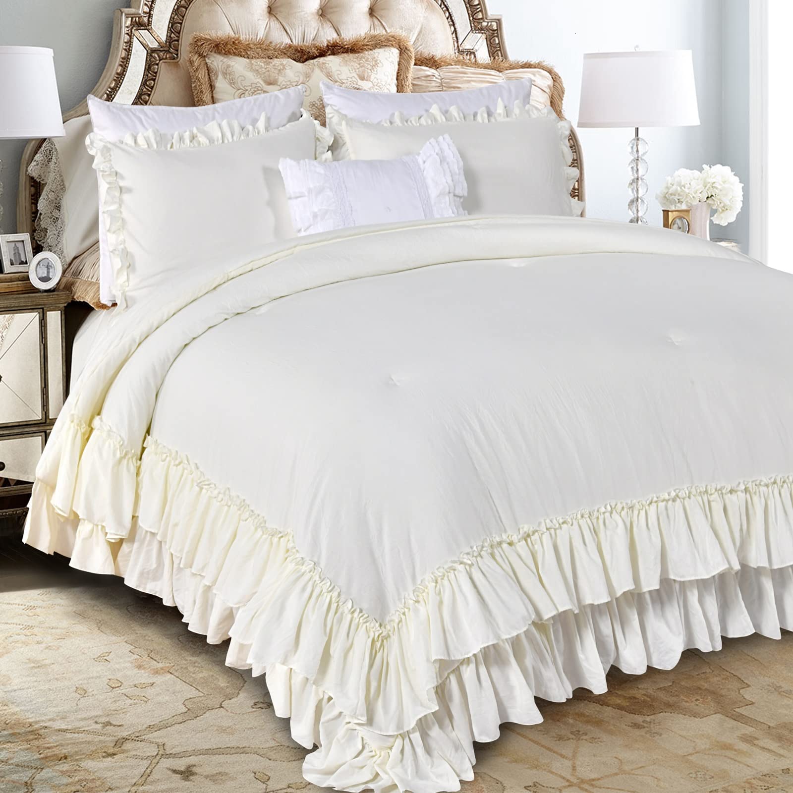 QSH King Size Ruffle Comforter Set - 3 Piece Ivory Shabby Chic Farmhouse Bedding | Ultra Soft Microfiber Lightweight Boho Duvet Cover | Perfect for French Country Bedrooms, Guest Rooms & Cozy Boho Decor