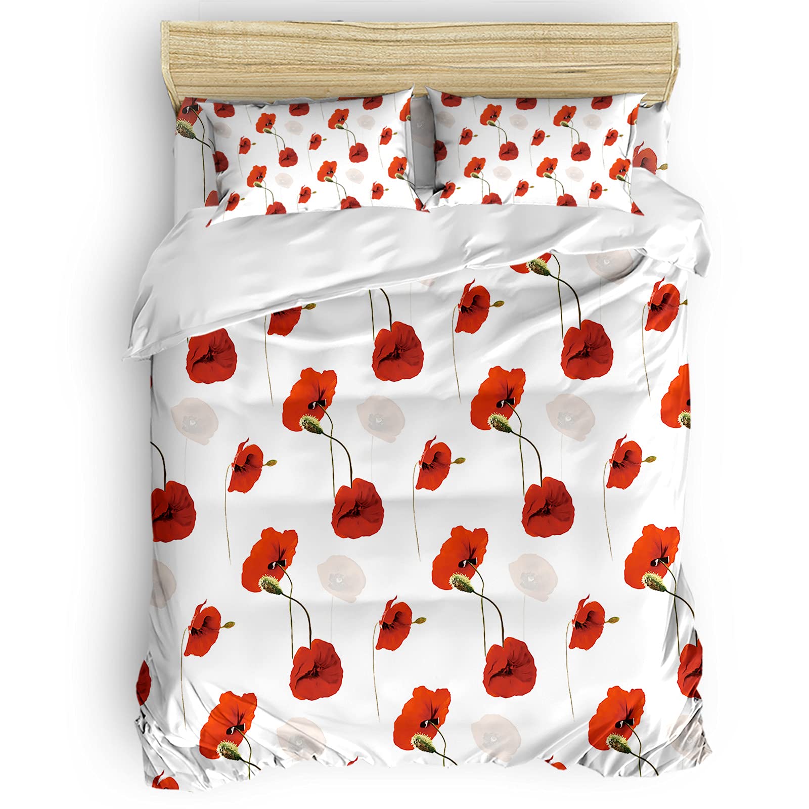 King Size Duvet Cover Set - Red Poppy Flower Design, Breathable Comforter Cover with Zipper Closure for Kids Bedding | Perfect for Nursery, Guest Room & Dorm Decor