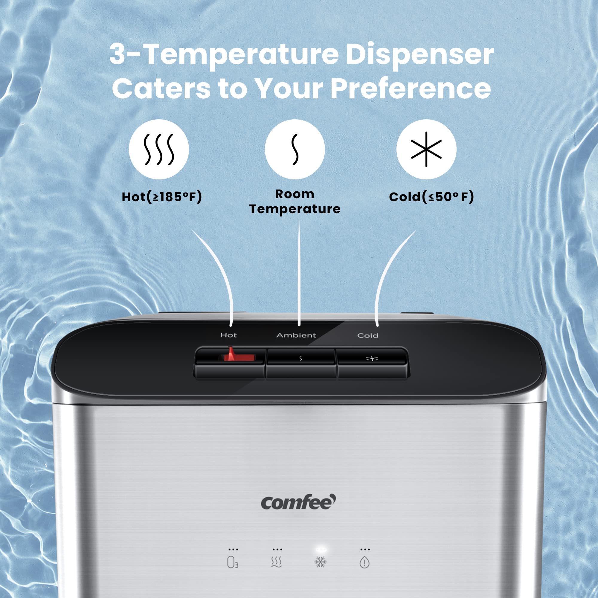 Comfee Ozone Self-Cleaning Bottom Loading Water Cooler Dispenser - 3 Temperature Settings, Child Safety Lock, Stainless Steel Design for Home & Office Use | Fast Cooling, Space Saving Water Dispenser for Daily Hydration Needs