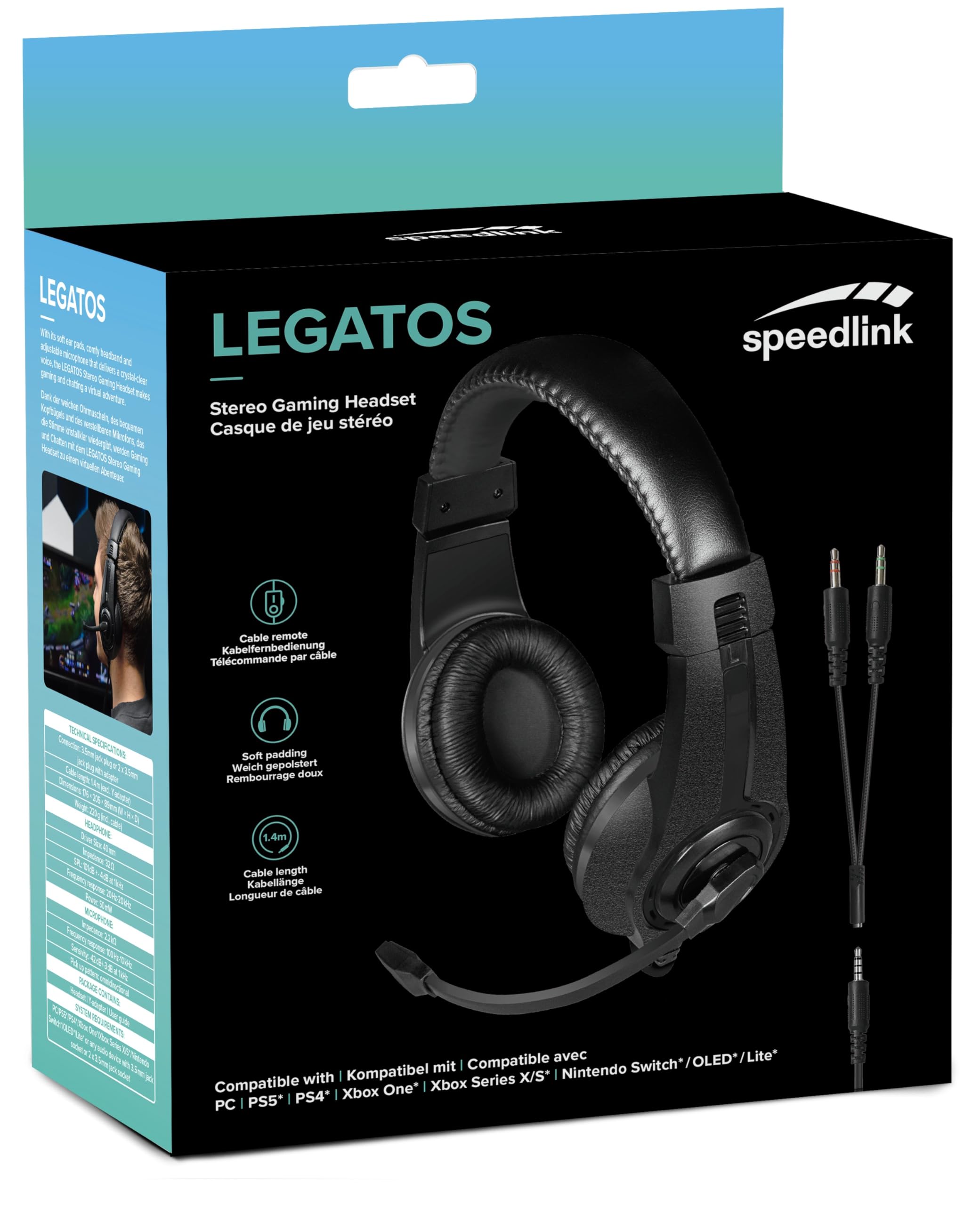 Speedlink LEGATOS Wired Gaming Headset with Microphone - Lightweight PC Headphones for PS5, PS4, Xbox & Switch | 3.5mm Jack & Y-Adapter Included | Perfect for Competitive Gaming & Online Chat (Black)