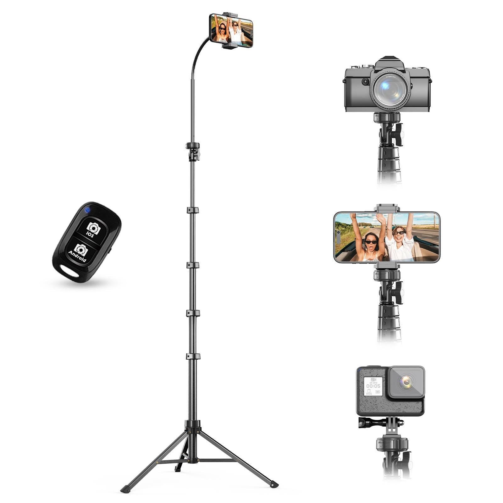 UBeesize 88-Inch Flexible Phone Tripod Stand with 14.95-Inch Adjustable Gooseneck, Wireless Remote & Universal Phone Holder - Overhead Mount for iPhone, Android, Camera (Black) | Perfect for Video Recording, Live Streaming, YouTube Videos & Selfies