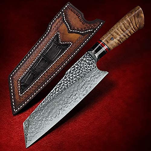7.6 Inch Handmade Santoku Chef Knife - Ultra Sharp Damascus Steel Blade with Burl Wood Handle - Japanese Style Kitchen Knife for Home & Restaurant Use - Perfect for Slicing, Dicing & Chopping Vegetables, Meat & Fish