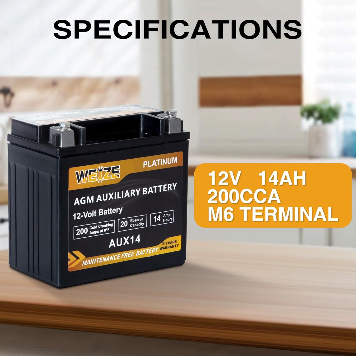 WEIZE Wise Series AGM AUX14 Auxiliary Battery - BCI Group 400, 200CCA Deep Cycle Battery for RV, Boat, Off-Grid & Solar Power Systems - Reliable Backup Power Solution