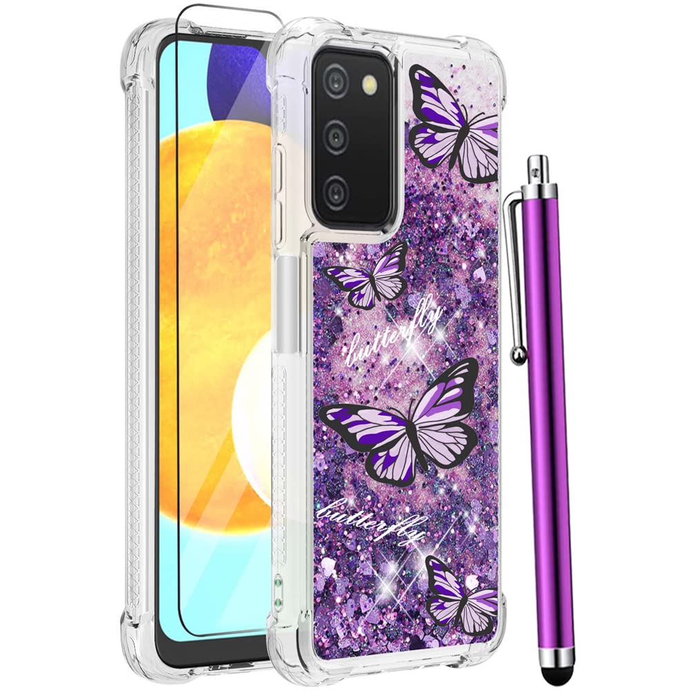 Samsung Galaxy A03S Case with Tempered Glass Screen Protector - Cute Glitter Bling Soft TPU Protective Phone Cover for Women & Girls (Purple Butterfly) - Perfect for Everyday Use, School, and Work