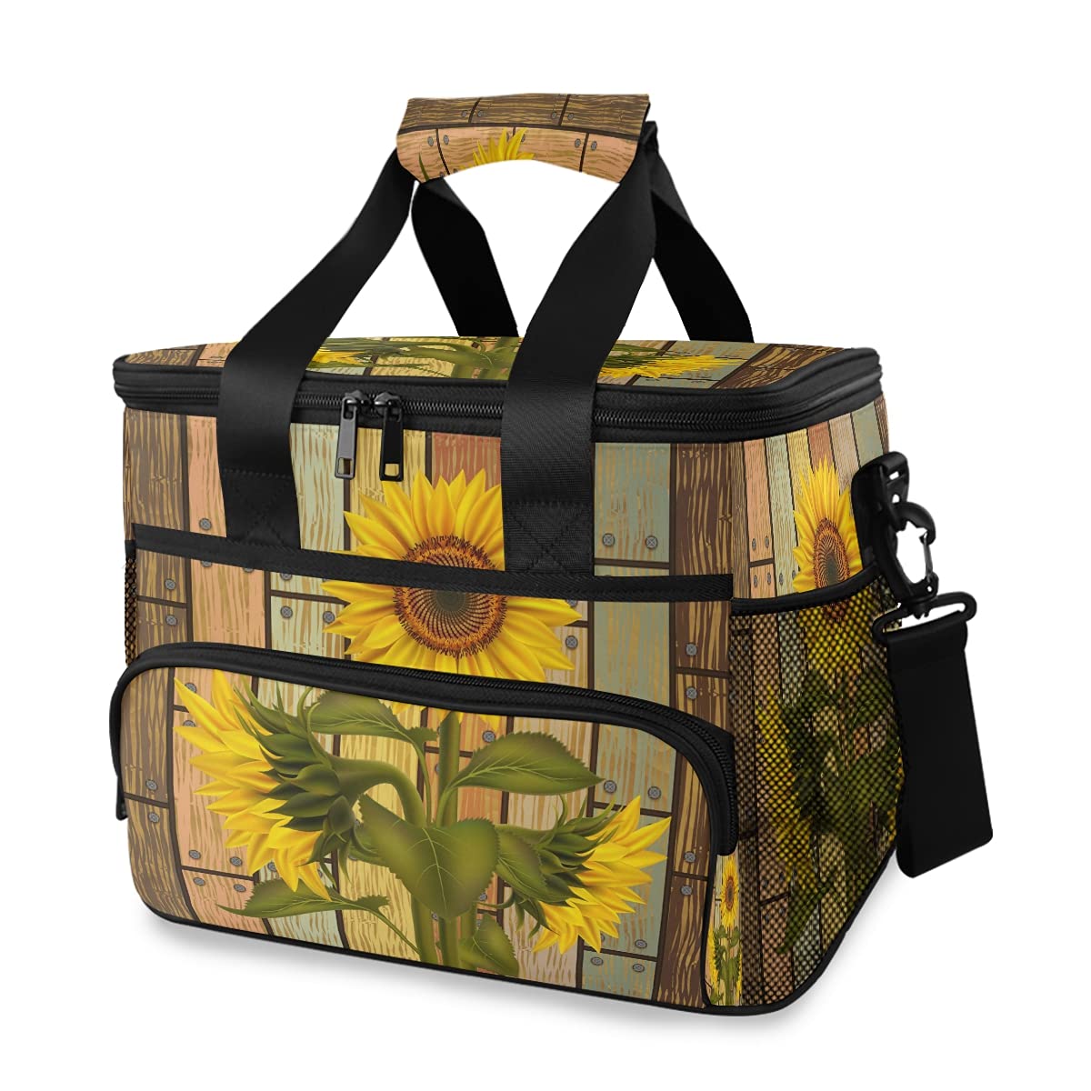 AUUXVA Large Insulated Cooler Bag - Waterproof & Leakproof Picnic Cooler Tote for Camping, Beach, Travel | Retro Sunflower & Wood Grain Design | Reusable Lunch Box for Outdoor Activities, BBQs & Tailgating