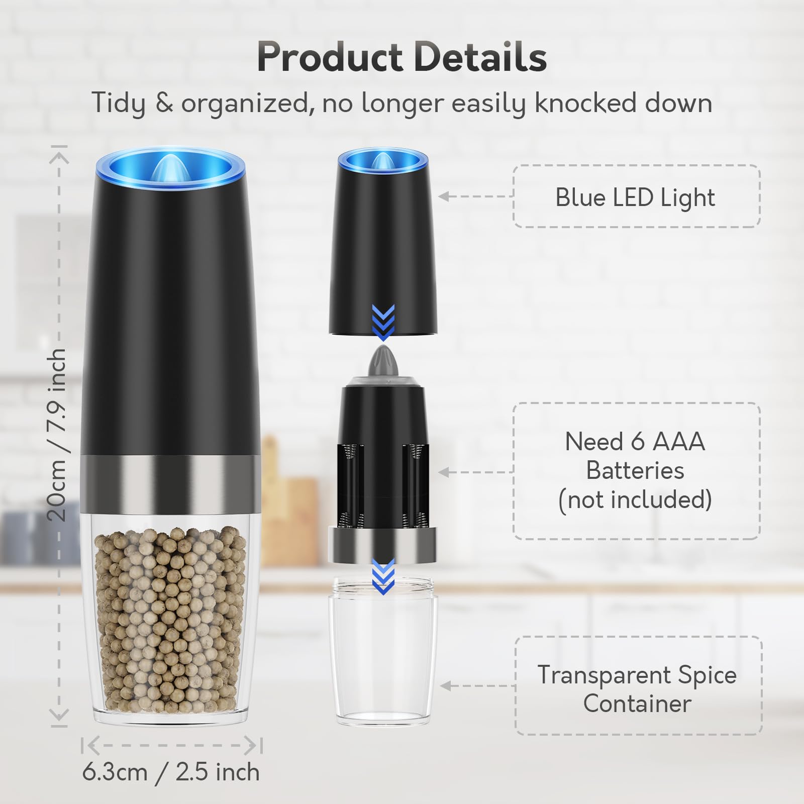 Premium Electric Pepper and Salt Grinder Set - Battery Powered Automatic Mill with Adjustable Coarseness & LED Light - One-Hand Operation for Kitchen, Dining Table, Camping & Outdoor Cooking