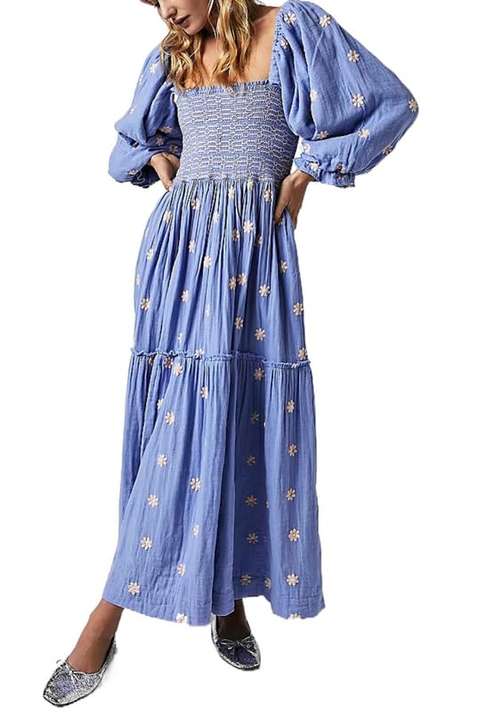 Women's Floral Embroidered Puff Sleeve Maxi Dress - Square Neck High Waist A-Line Long Dress with Tiered Flowy Skirt | Perfect for Summer Weddings, Beach Vacations & Boho Fashion