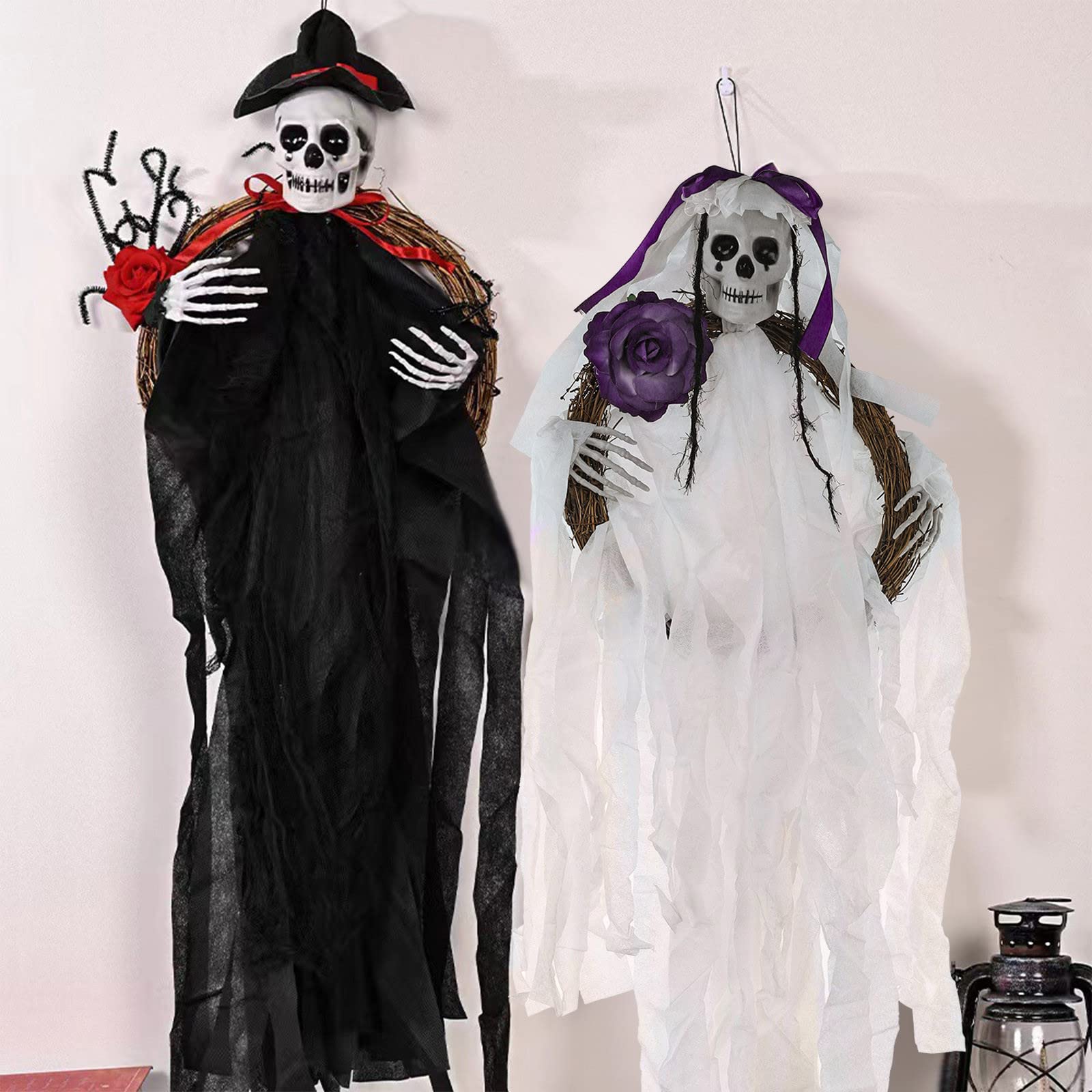 Halloween Wreath with Romantic Ghost Groom & Bride - Skull & Artificial Rose Decor, Poseable Spooky Ghost Couple for Indoor/Outdoor Wall Decorations | Perfect for Halloween Party, Haunted House, and Seasonal Home Decor