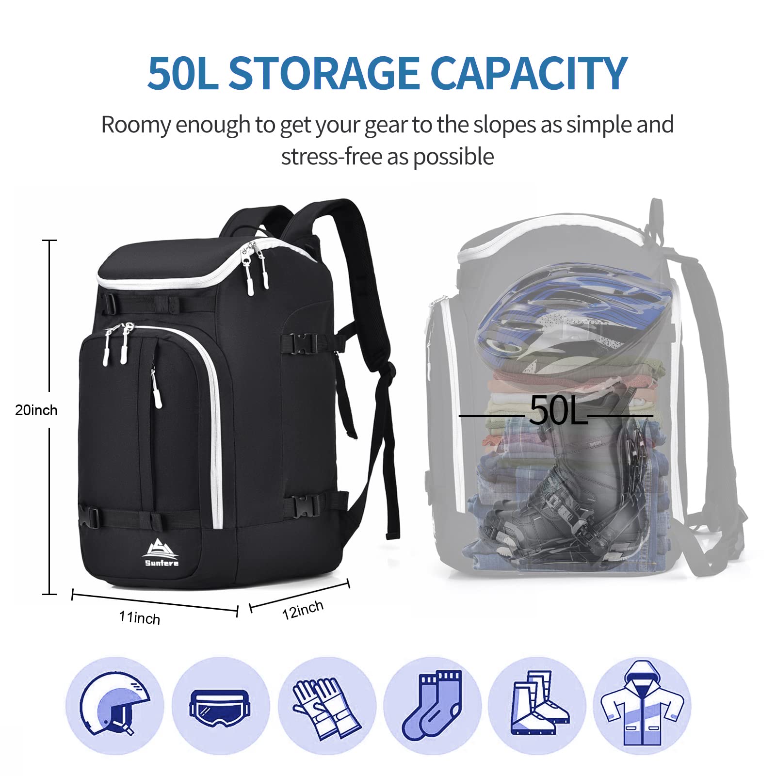 **Black 50L Waterproof Ski Boot Backpack Cooler - Travel Snowboard Luggage for Men & Youth - Fits Ski Helmet, Goggles & Gloves - Perfect for Ski Trips & Winter Sports Gear Storage**