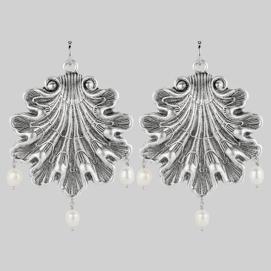 SYRENA Silver Ornate Seashell Pearl Hoop Earrings for Women | Elegant Beach Wedding Jewelry Gift | Perfect for Vacation, Party & Special Occasions