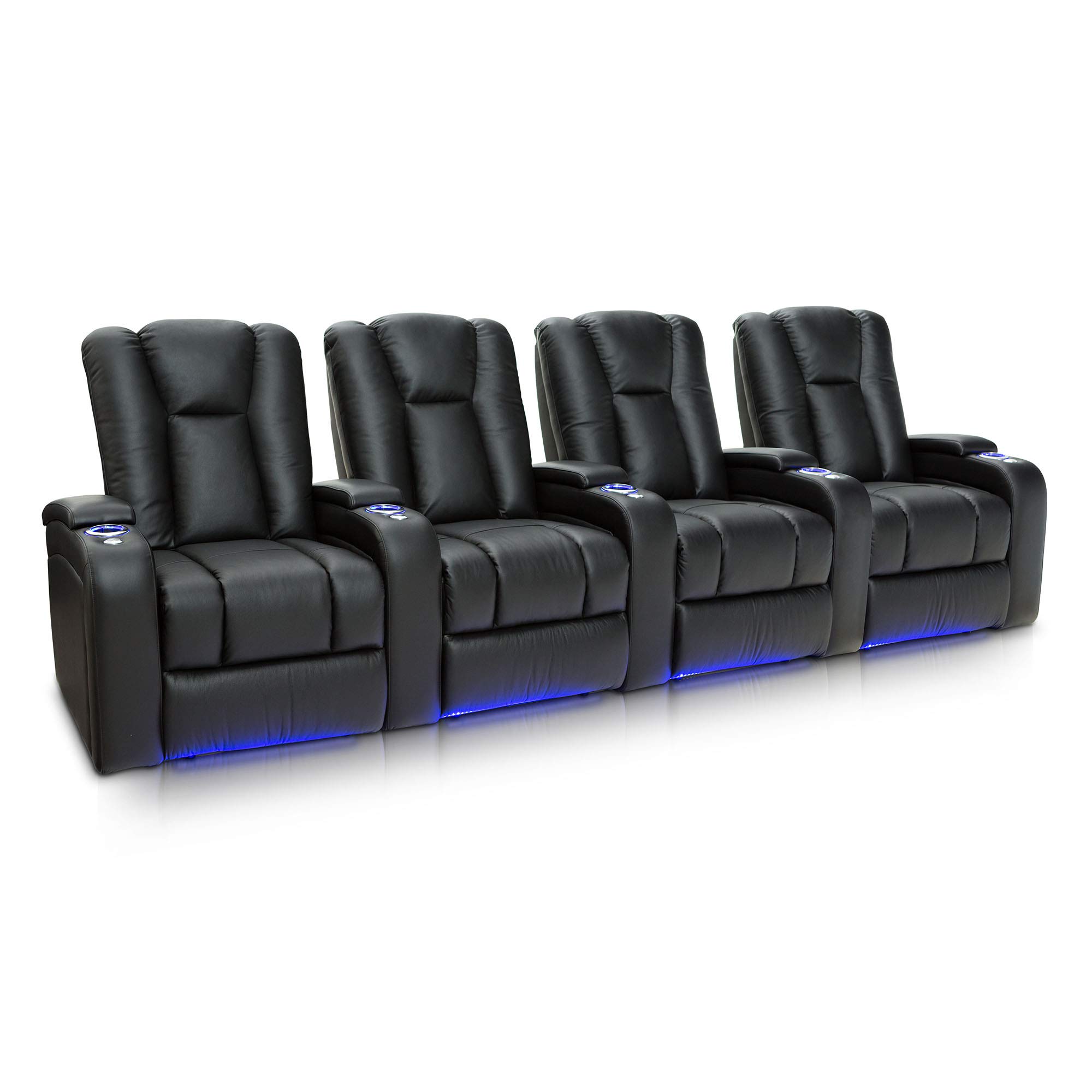 Seatcraft Serenity Italian Leather Home Theater Seating with Power Recline, Tray Tables & In-Arm Storage - Luxury Black Leather Recliner Sofa for Living Room & Home Theater - Ambient Base Lighting & Lighted Cup Holders (Set of 4) - Perfect for Movie Nights, Gaming & Family Relaxation