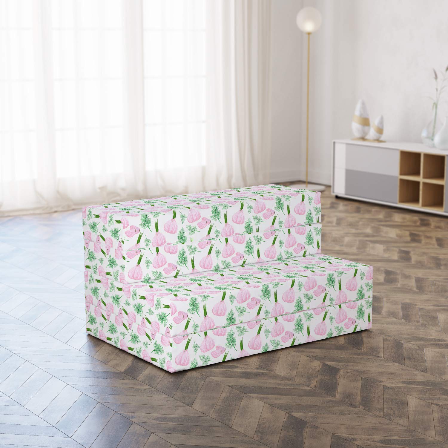 Ambesonne Foldable Mattress with Garlic & Vegetable Art Print - 74.8 x 39.4 Inches - Fern Green & Pale Mauve - Lightweight Portable Guest Bed for Home, Camping & Travel