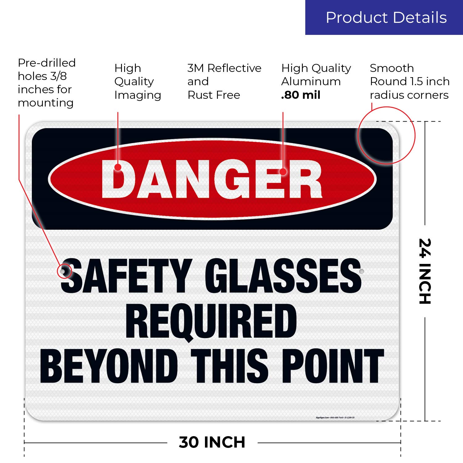Danger Safety Glasses Required Beyond This Point Sign - OSHA Compliant 24x30 Inches Reflective Aluminum Sign - 3M EGP .080 Thick Fade-Resistant for Indoor/Outdoor Use - Made in USA - Perfect for Construction Sites, Factories & Hazardous Work Areas