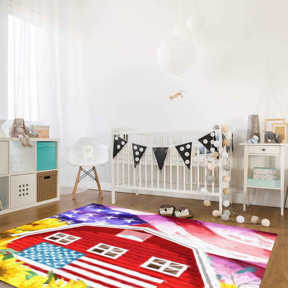 4'x6' American Flag Sunflower & Red Barnyard Non-Slip Area Rug - Washable Indoor/Outdoor Rug for Living Room, Bedroom, Kitchen, Front Porch, Bathroom - Patriotic Home Decor for July 4th & Farmhouse Style