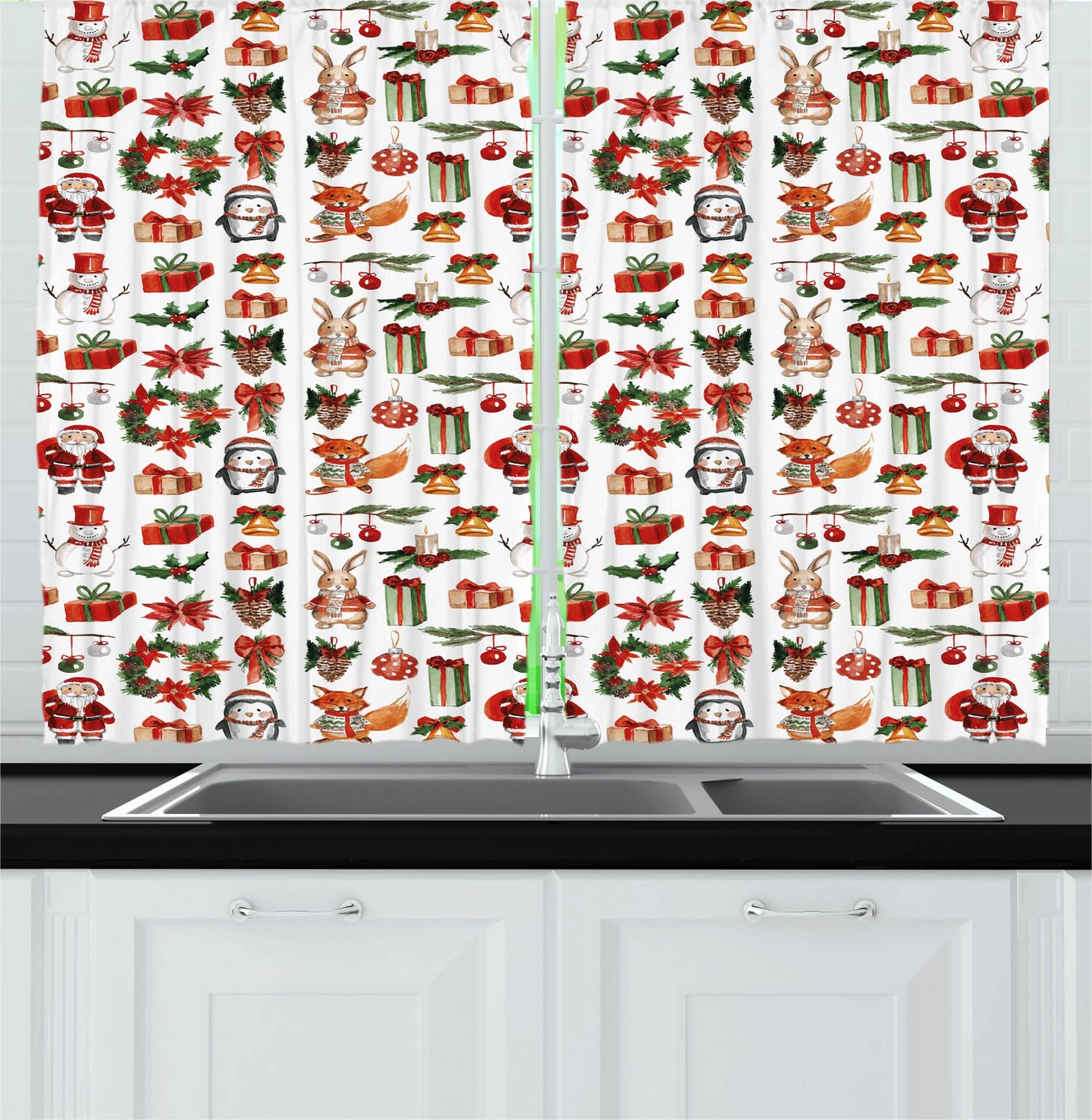 Ambesonne Christmas Kitchen Curtains - Traditional Holiday Rabbits Santa Claus Pine Cones Candles Design, 2 Panel Rod Pocket Drapes 55
