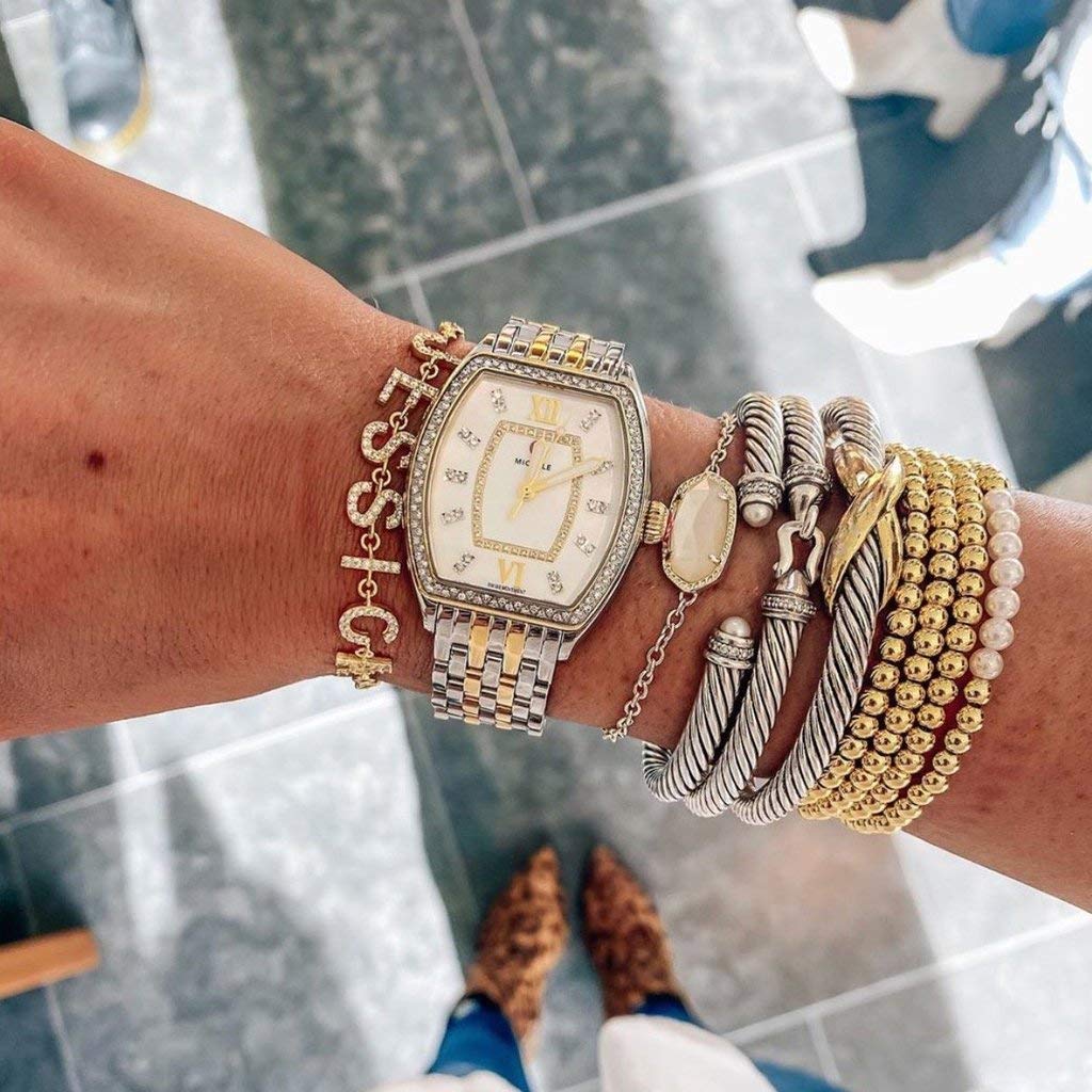 Stylish Beaded Stretch Bracelets for Women - Gold & Silver Small Ball Beads, Dainty Paperclip & Figaro Link Chain Bracelet Set (His & Her) - Perfect for Layering, Stacking, and Everyday Wear