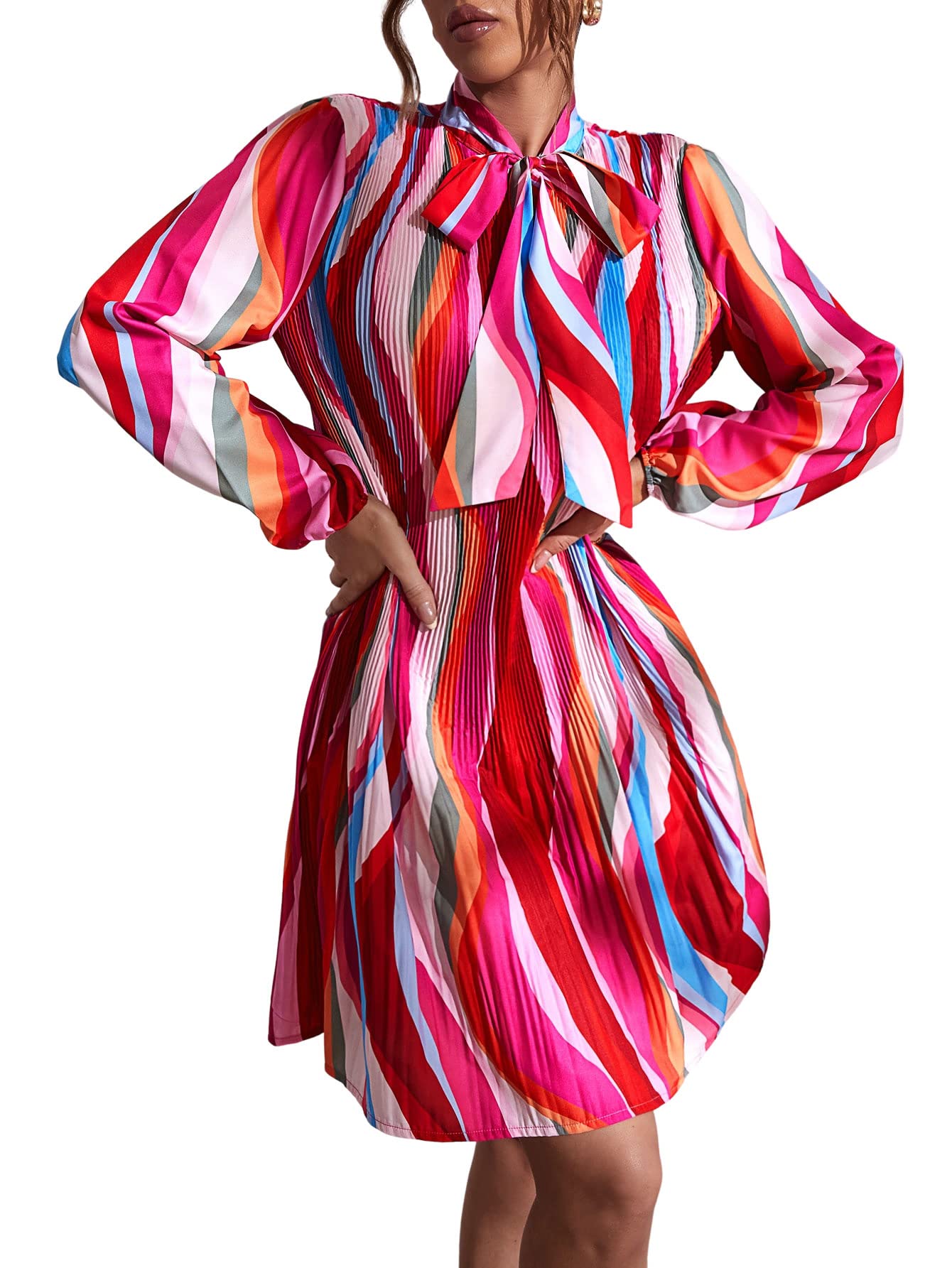 SweatyRocks Women's Color Block Long Sleeve Pleated Dress with Tie Front - Casual Summer Midi Dress for Beach, Party & Date Night