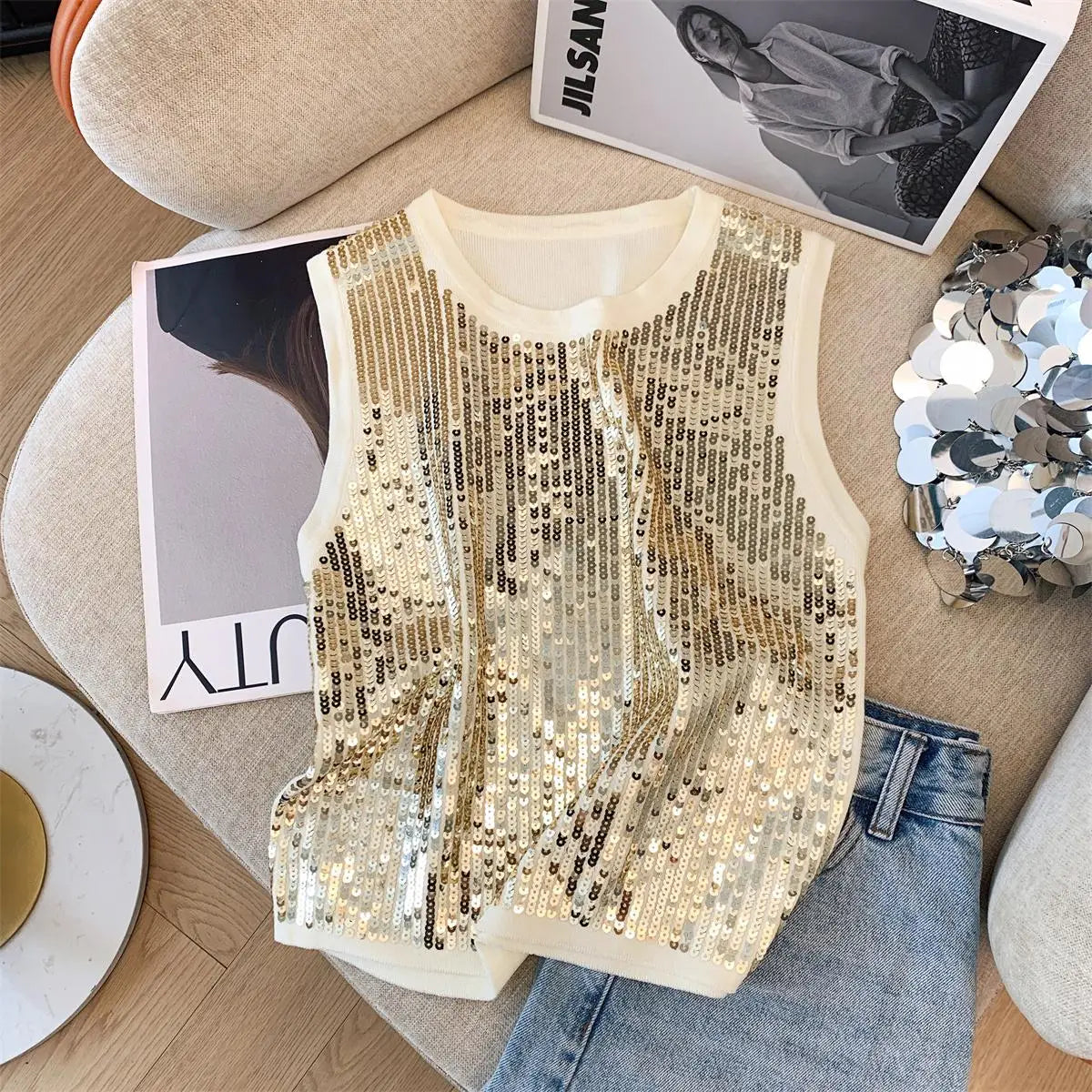 Elegant Black & Beige Sequin Knitted Sleeveless Top for Women - 2024 Summer Retro Y2K Fashion Vest | Perfect for Vacation, Parties & Night Out