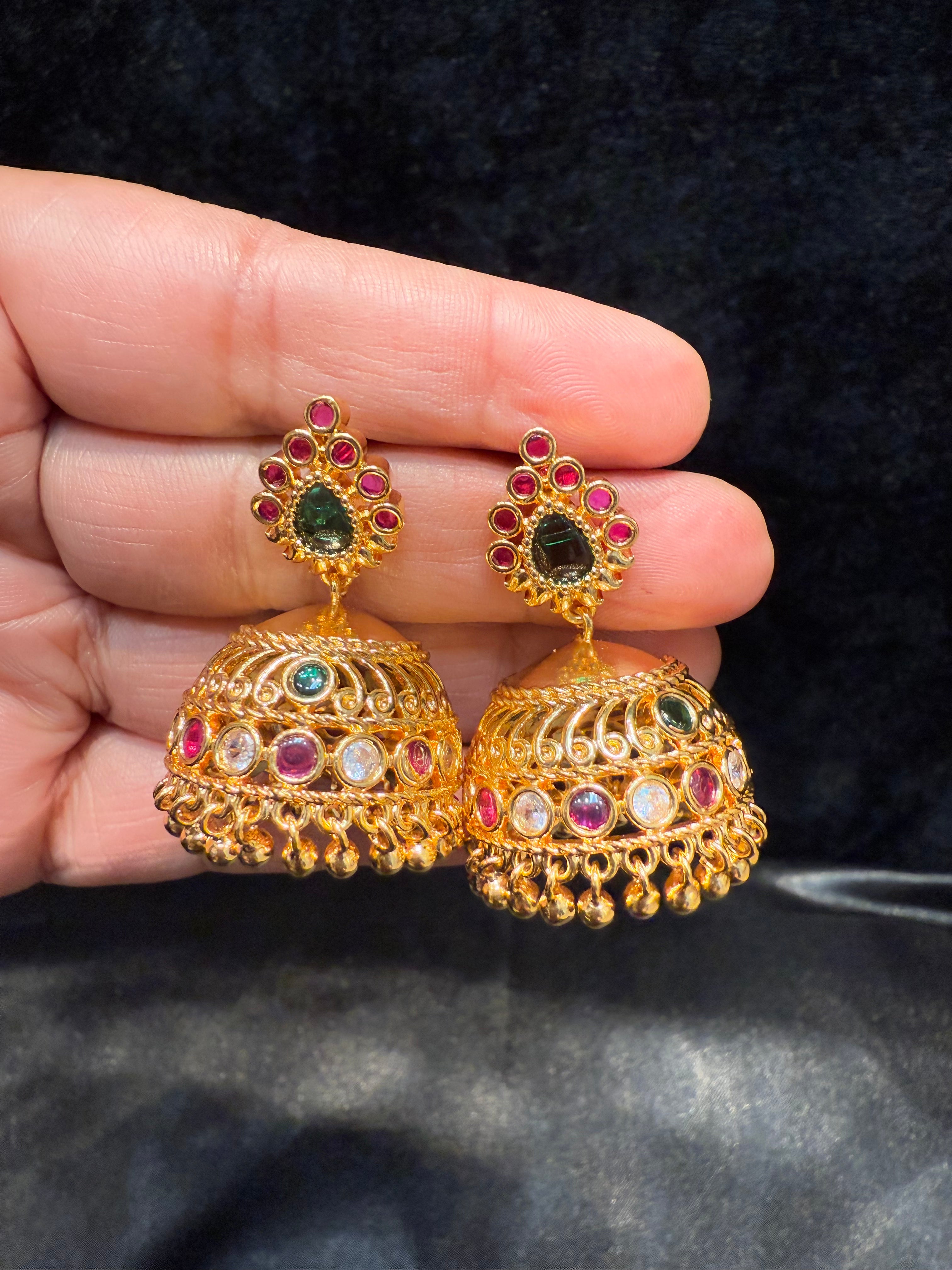 Exquisite Gold Plated Designer Jhumka Earrings with Multicolor Stones & Golden Beads – Perfect for Weddings, Parties & Ethnic Fashion