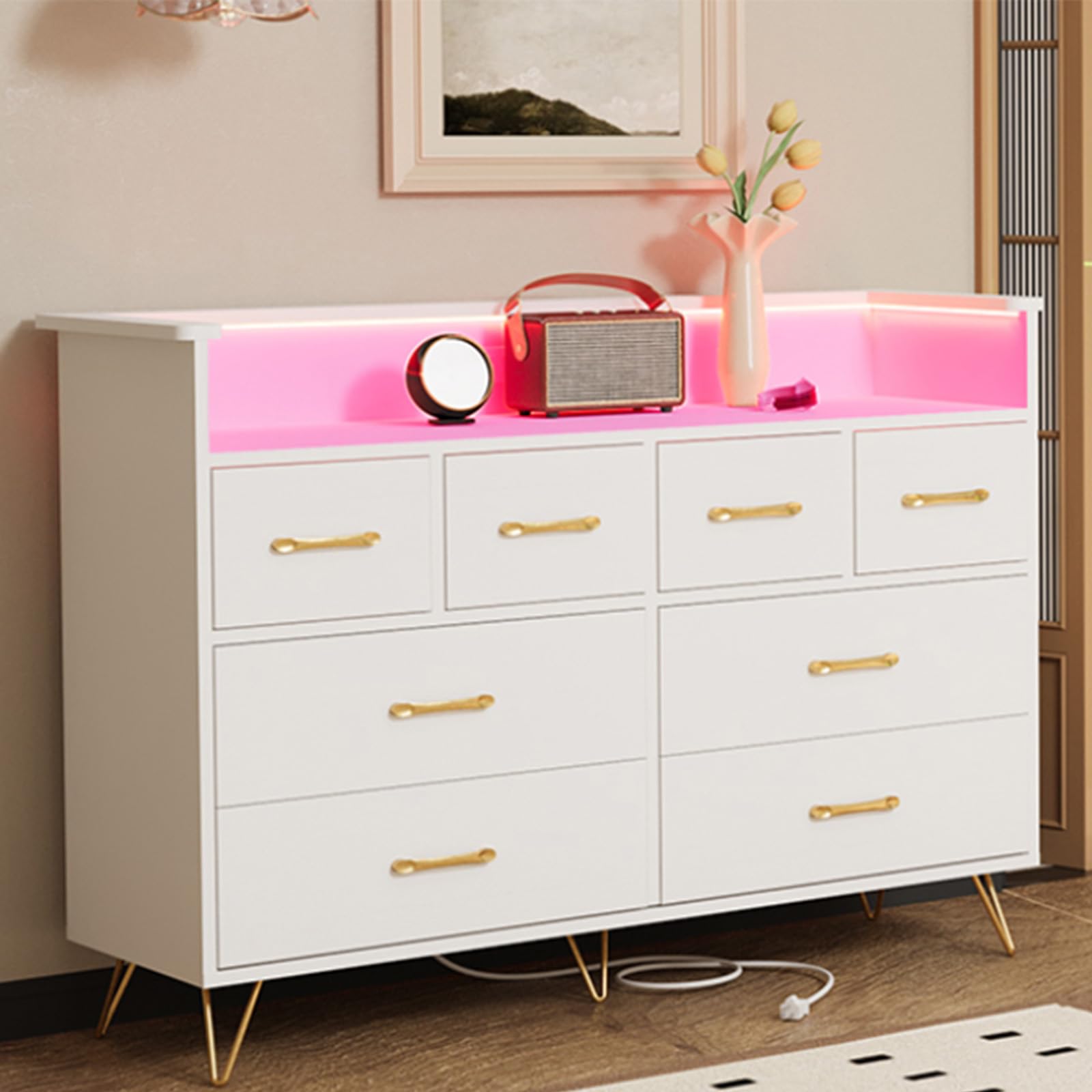 Modern White Wooden Dresser with LED Lights & USB Charging Station - 8-Drawer Storage Organizer for Bedroom, Living Room, Entryway & Hallway - Spacious Open Design for Clothes, Shoes & Home Decor Organization