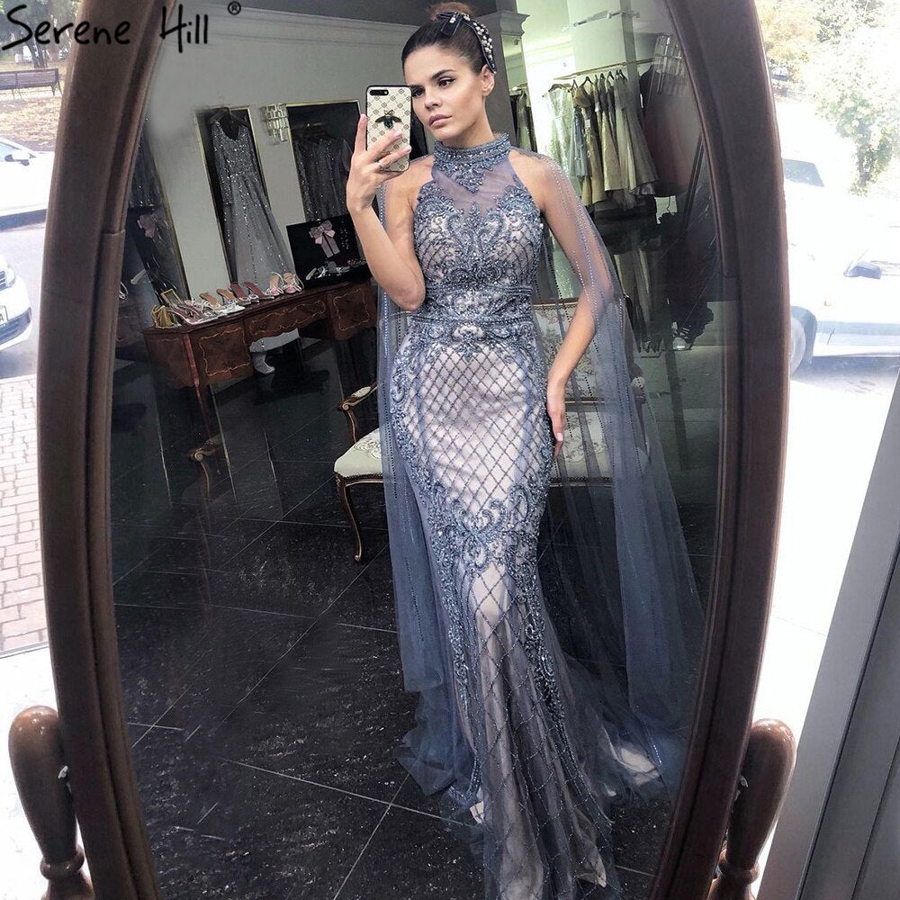 Luxury Navy Blue Mermaid Evening Gown with Train - Elegant Beaded Diamond Dress for Women 2025 | Perfect for Prom, Gala, Wedding & Formal Events - LA70807