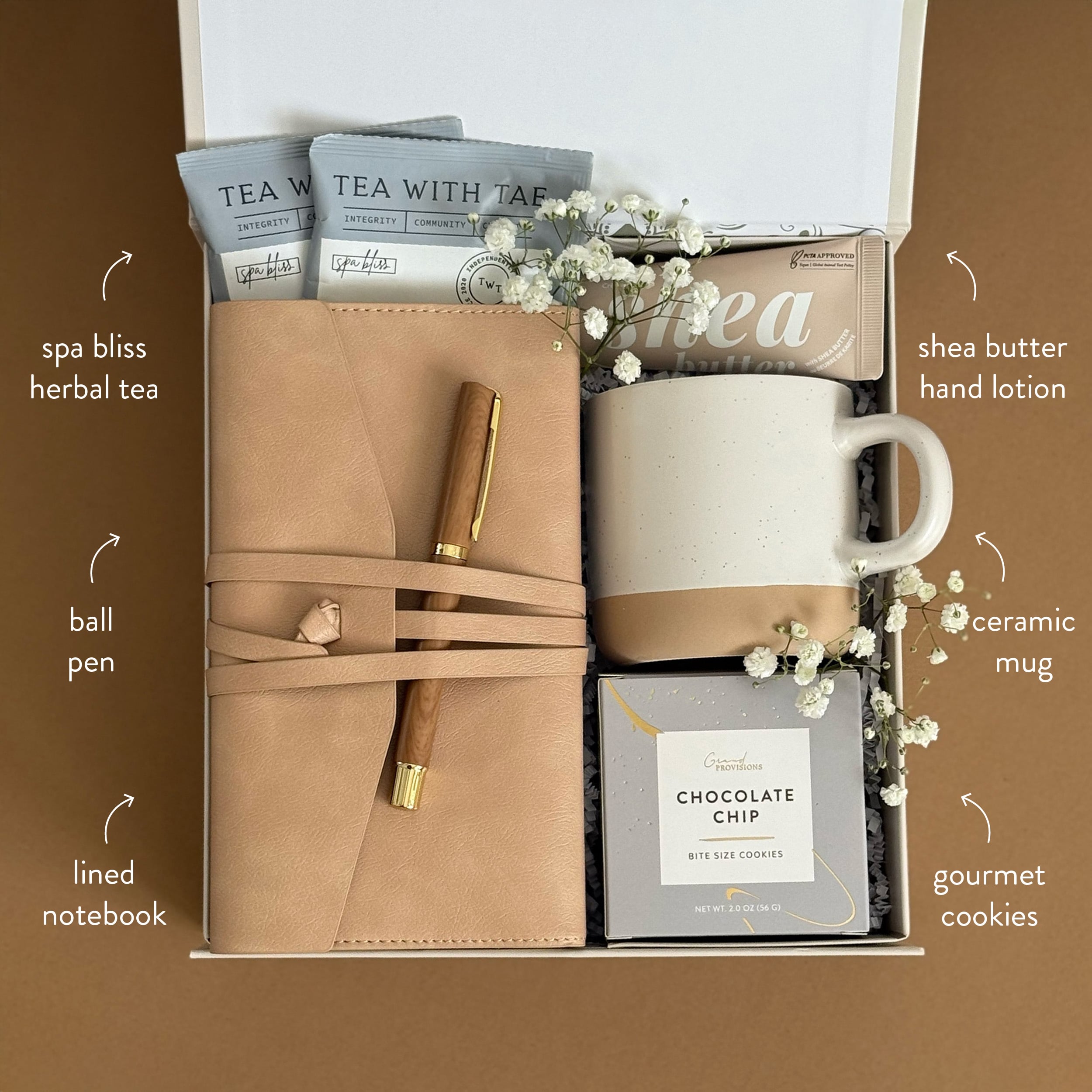 Sweet & Cozy Gift Box Set - Premium Notebook, Ceramic Mug, Herbal Tea & Delicious Treats | Perfect Birthday, Anniversary & Thank You Present for Women & Friends