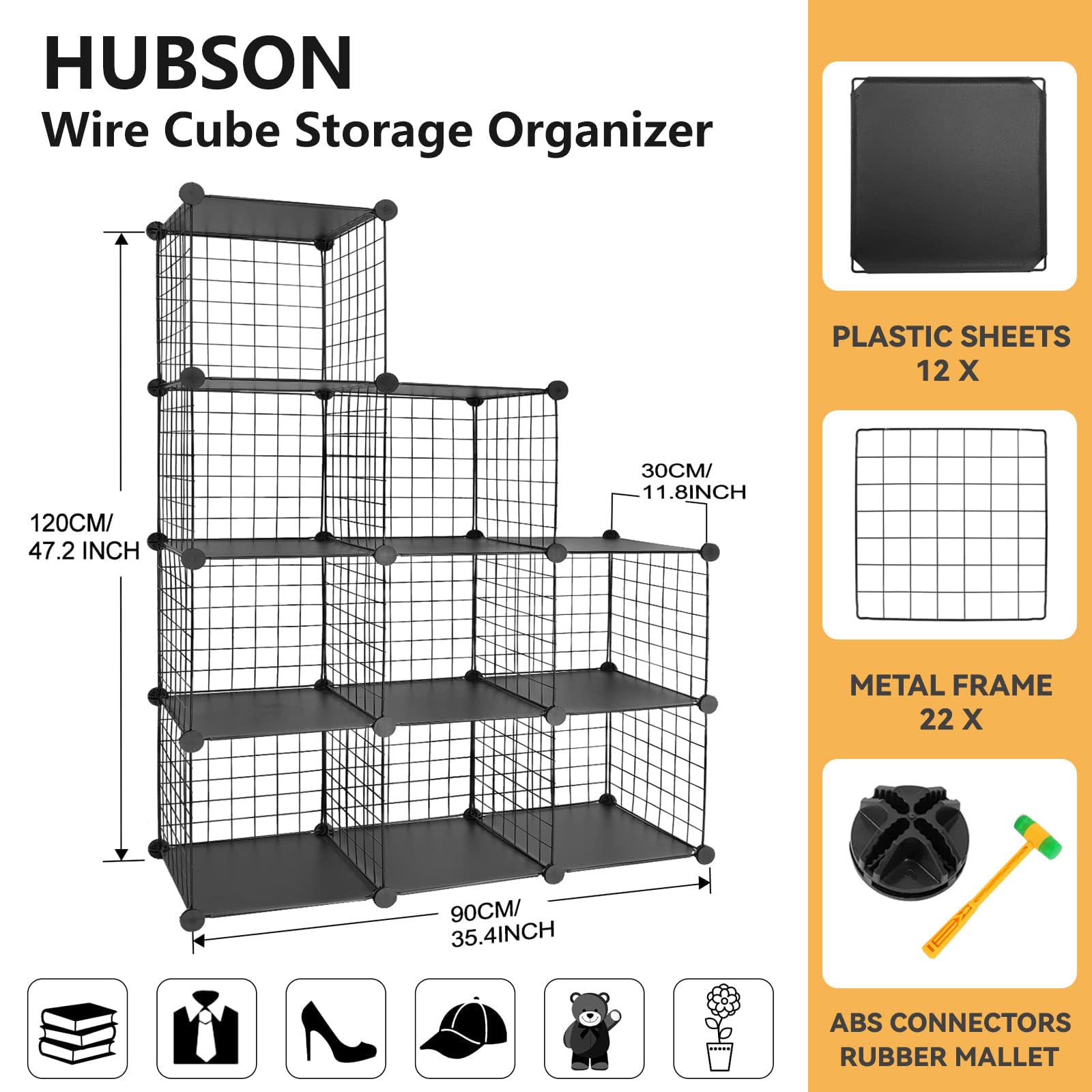 HUBSON 9-Cube Wire Storage Organizer - Freely Combinable Metal Grid Shelf for Books, Toys, Crafts, Potted Plants & Pet Supplies | Space-Saving Closet & Home Organization Solution (Black Iron Finish) - Perfect for Bedrooms, Playrooms & Home Offices