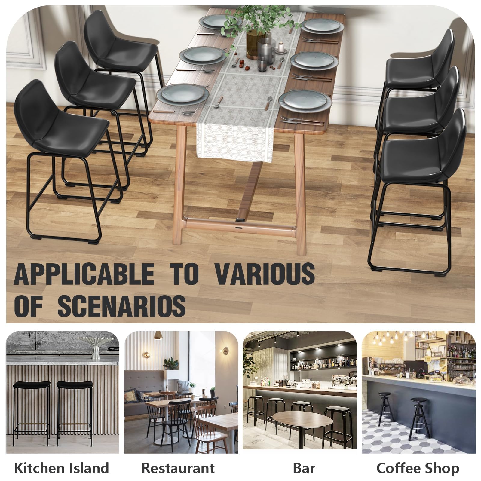 Modern Black Counter Height Bar Stools Set of 3 - Armless Kitchen Island Chairs with Back Support & Sturdy Metal Legs - Perfect for Home Bars, Kitchen Islands, Coffee Shops and Restaurant Dining Areas