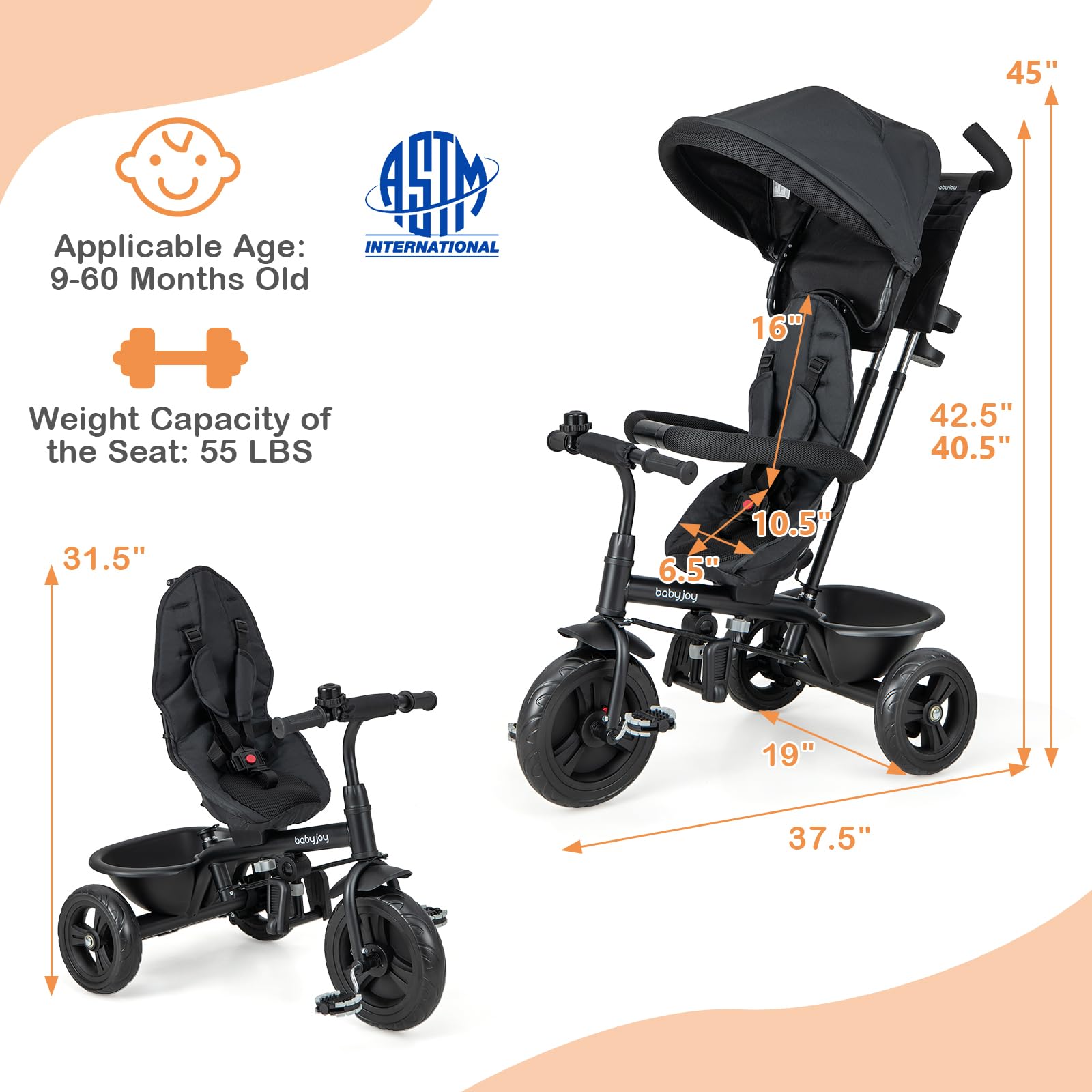 BABY JOY 4-in-1 Adjustable Toddler Tricycle with Removable Canopy, Push Handle & Safety Belt - Foldable Footrest & Storage Basket - Reversible Seat for Boys & Girls 9-60 Months (Black) - Perfect for Outdoor Play, Park Rides & Learning to Bike