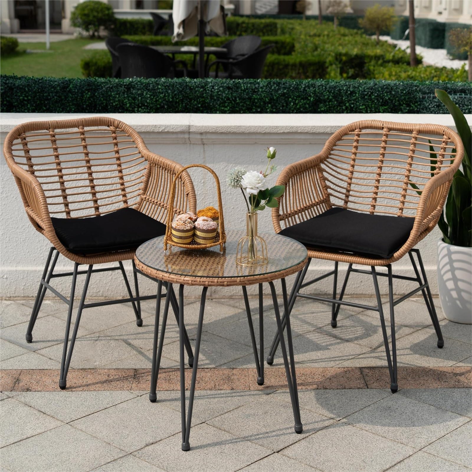 3-Piece Outdoor Wicker Patio Bistro Set - Rattan Conversation Furniture for Balcony, Porch, Poolside & Garden - Weather-Resistant Black Wicker Chairs & Table - Perfect for Outdoor Dining, Lounging and Entertaining Guests