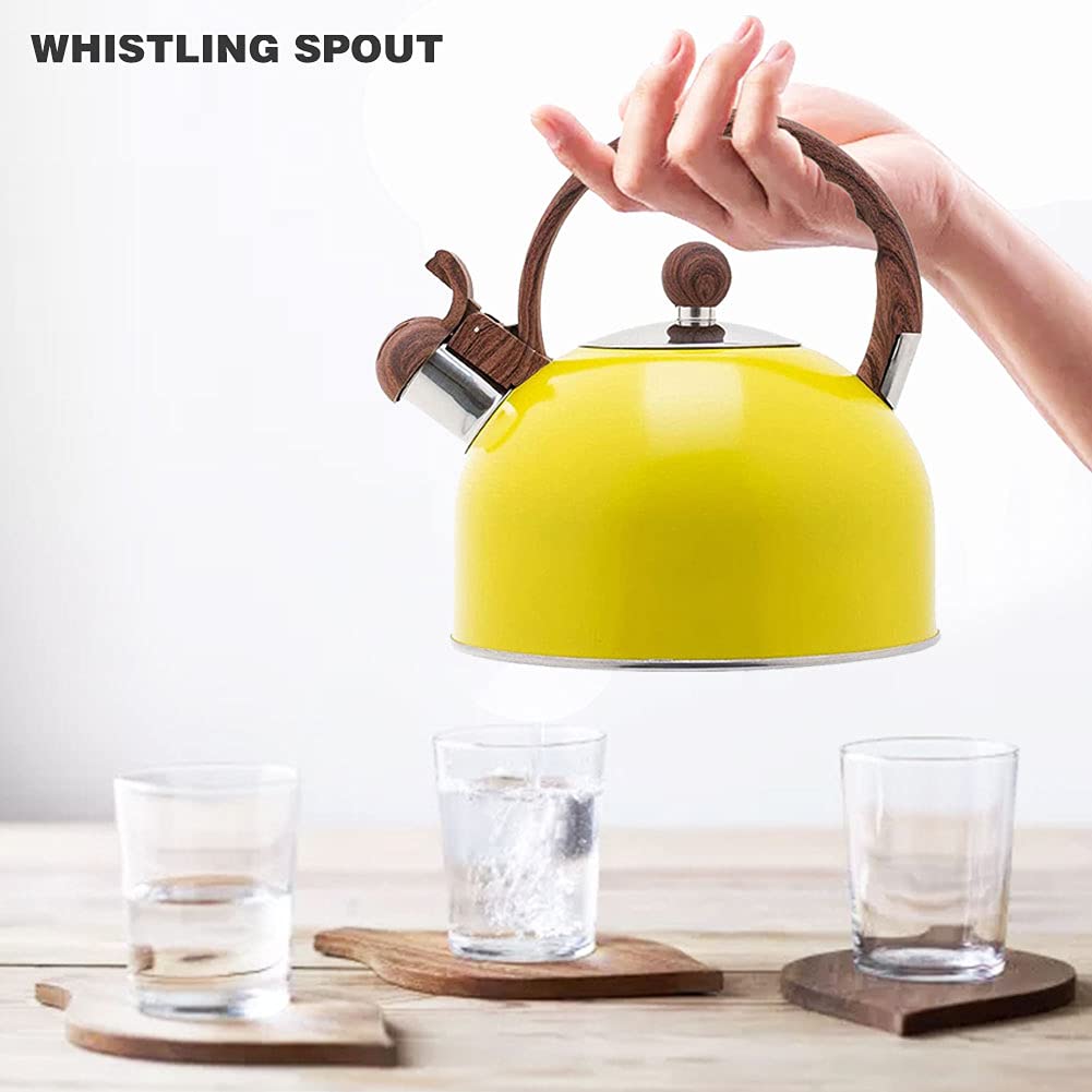 Premium 2.5L Stainless Steel Whistling Tea Kettle for Stovetop - Wood Grain Handle with Loud Whistle - Yellow - Perfect for Home, Office & Camping Tea Brewing