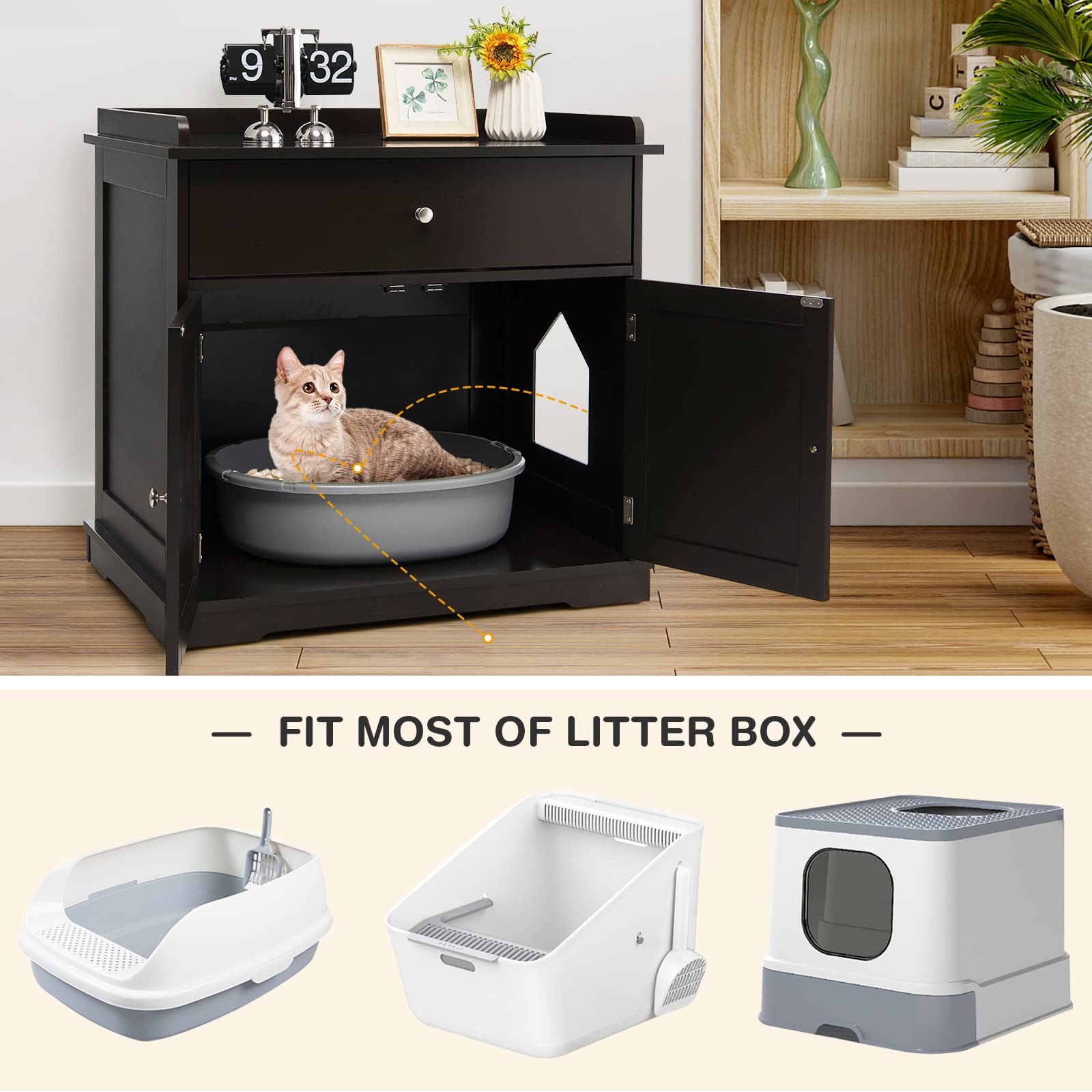 Tangkula Large Wooden Cat Litter Box Enclosure Cabinet with 2 Doors & Storage Drawer - Hidden Indoor Cat Washroom Furniture, Pet House Bench Side Table (Brown) | Perfect for Small Spaces & Stylish Home Decor