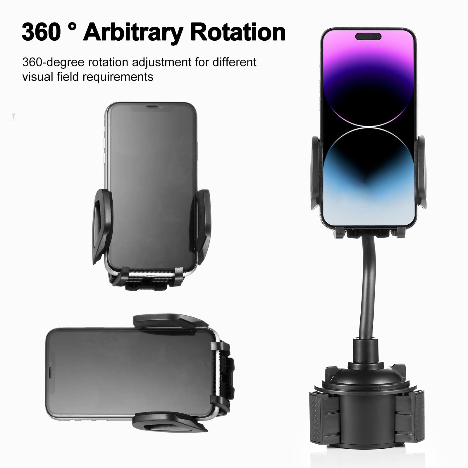360° Rotating Adjustable Gooseneck Car Cup Holder Phone Mount - Universal Smartphone Holder for iPhone, Samsung, Pixel - Perfect for Road Trips, Commuting & GPS Navigation