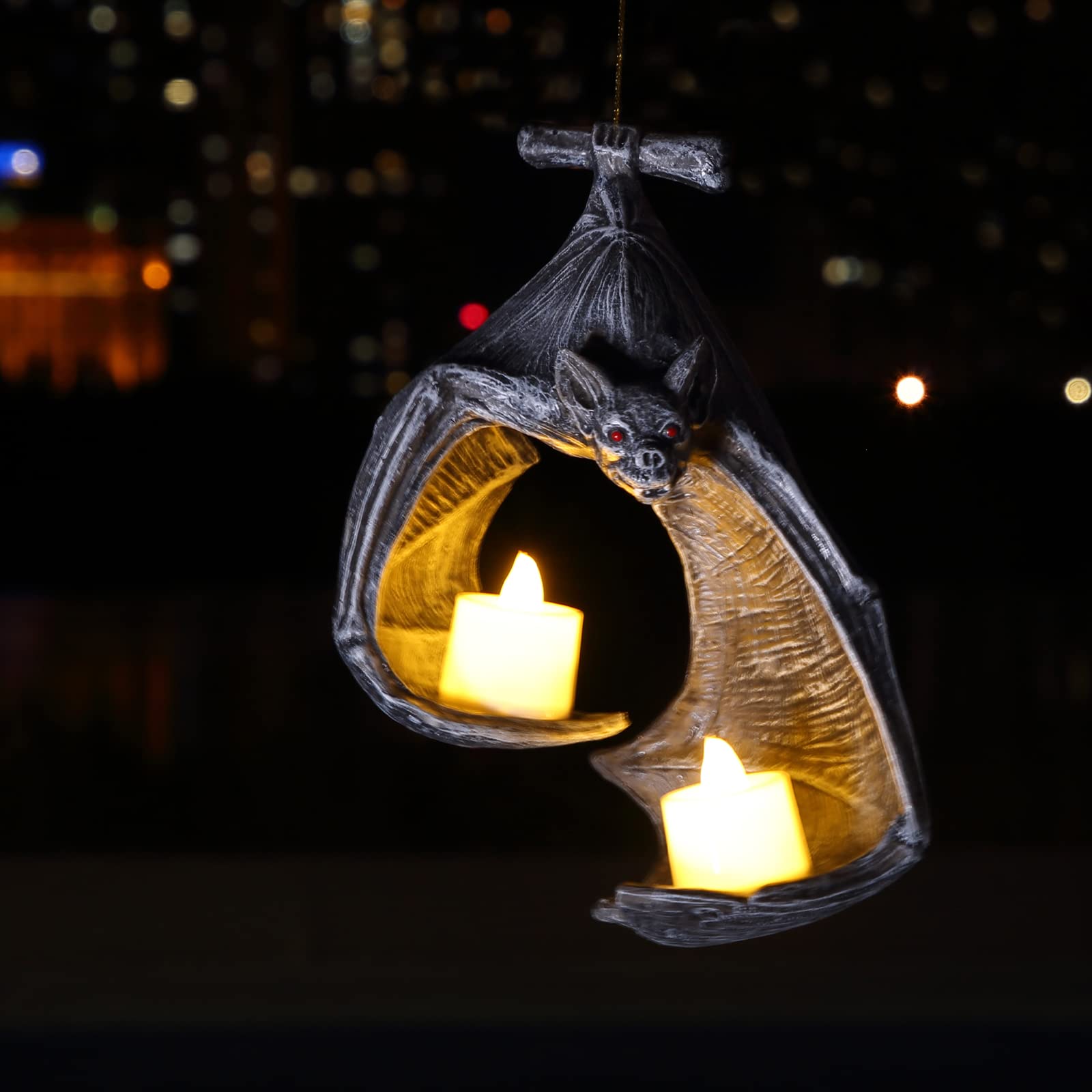 Halloween Bat Wall Tealight Holder - Gothic Bat Candle Sconce with Candles, Spooky Hanging Decor for Halloween Party, Home & Outdoor Decorations
