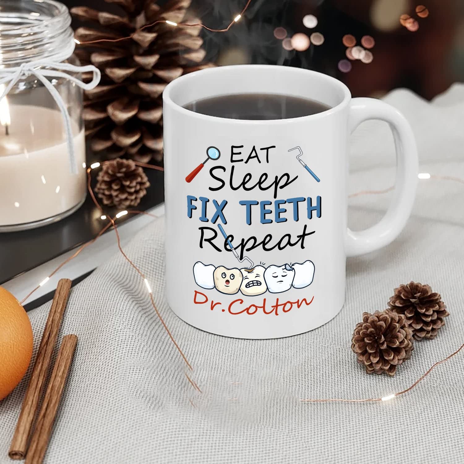 Personalized Dentist Orthodontist Coffee Mug - 11oz & 15oz Ceramic Cup with 'Eat Sleep Fix Teeth Repeat' Design - Custom Name Gift for Dentists, Orthodontists, Men & Women - Perfect for Office, Home & Gifts