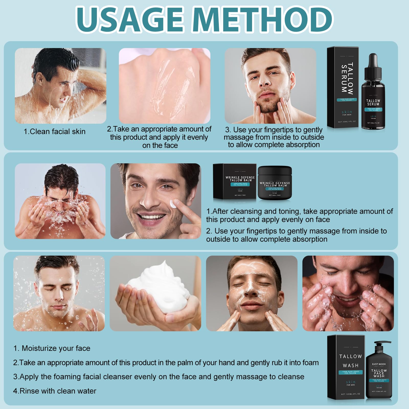 Natural Tallow Balm for Men - Wrinkle Defense Face Moisturizer with Beef Tallow | Anti-Aging Cream to Diminish Fine Lines & Wrinkles | Complete Skincare Kit (Cream, Face Wash & Night Serum) | Perfect for Daily Hydration & Nighttime Repair