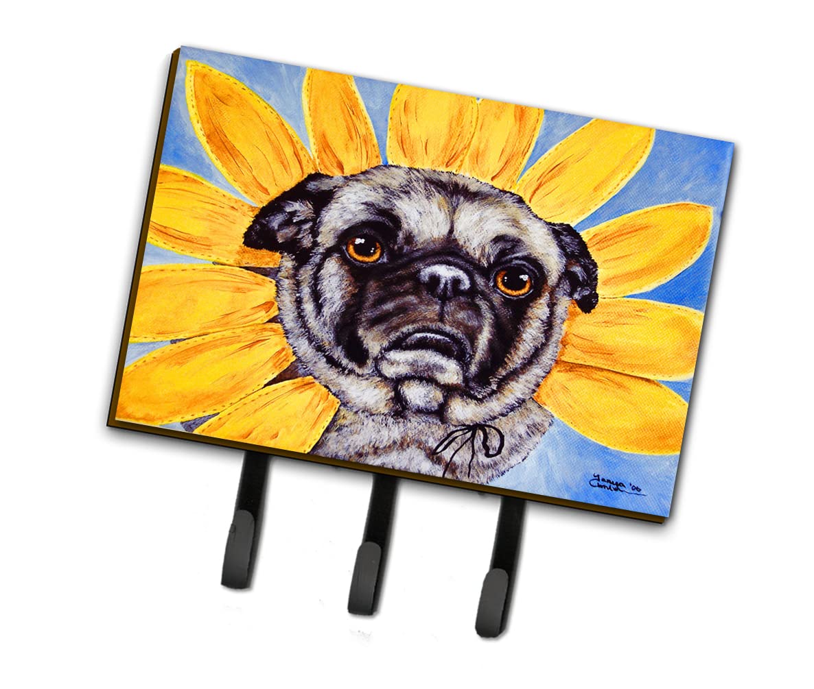 Caroline's Treasures AMB1058TH68 Sunflower Pug Wall Hook Set - Key Holder, Coat Rack & Leash Organizer for Home, Kitchen, Entryway | Perfect for Hanging Keys, Towels, Aprons & Pet Accessories